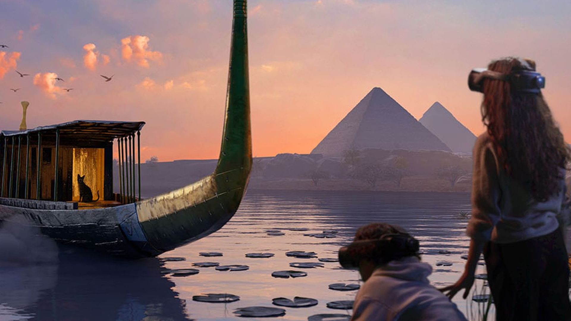 Sunset over a calm river with pyramids in the background. A quirky green curved boat with a shelter and a cat sits onboard. Onshore, two people wear VR headsets, watching birds and clouds.