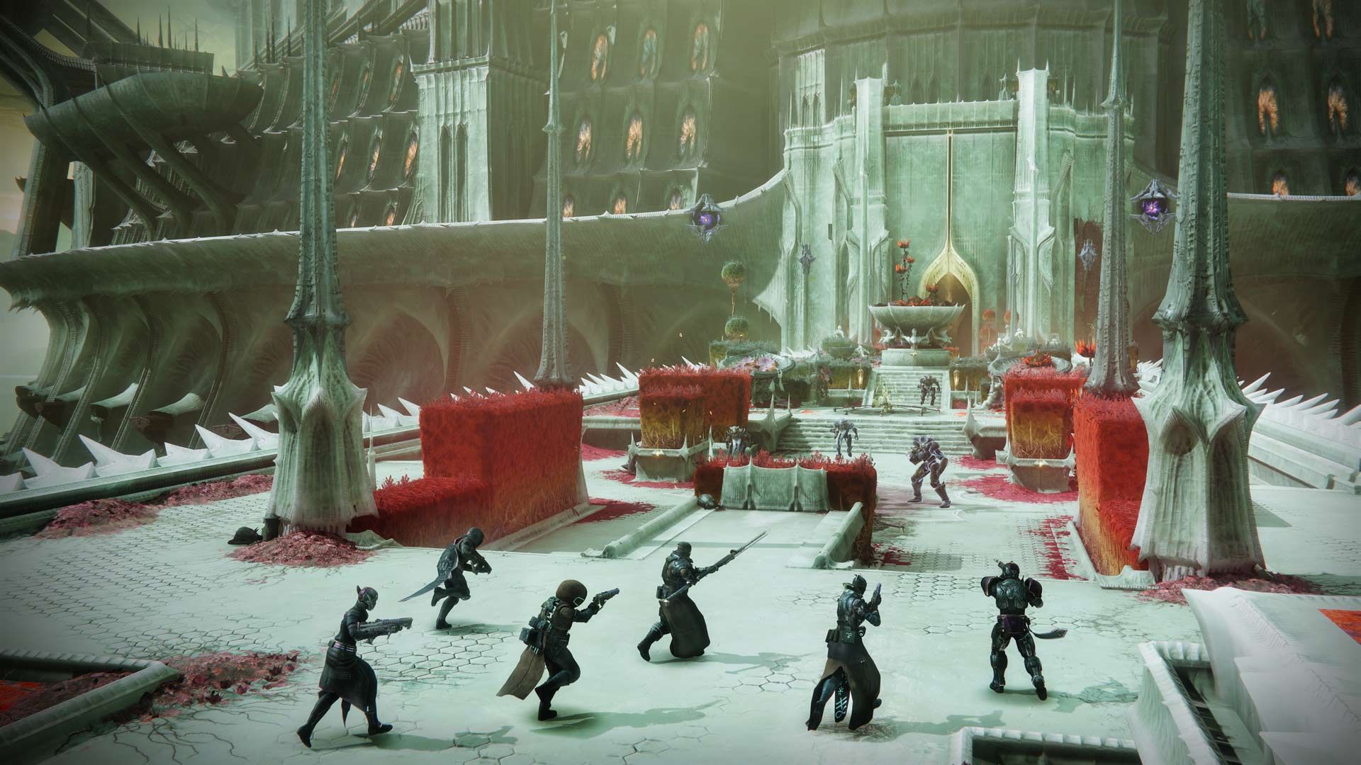 Video game screenshot showing six warriors in cloaks lining up on an otherworldly white bridge to face down monsters