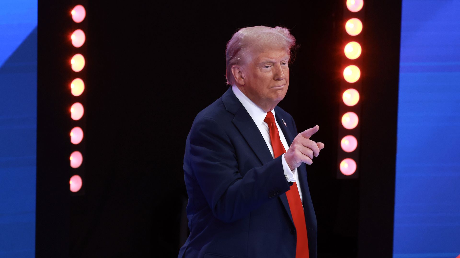 DORAL, FLORIDA - OCTOBER 16: Republican presidential nominee, former U.S. President Donald Trump gestures during a Univision Noticias town hall event on October 16, 2024 in Doral, Florida. Trump addressed undecided Latino voters as he continues campaigning against his rival, Democratic presidential 