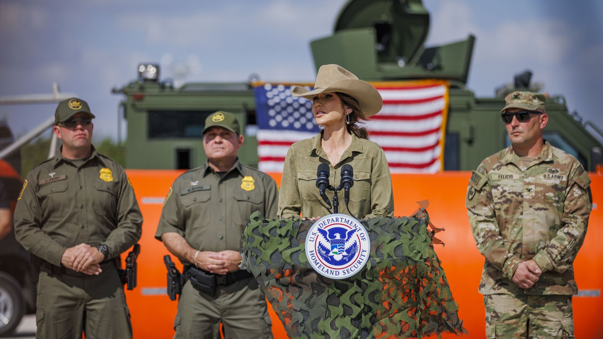 DHS Secretary Kristi Noem speaks a press conference on the Southern Border.