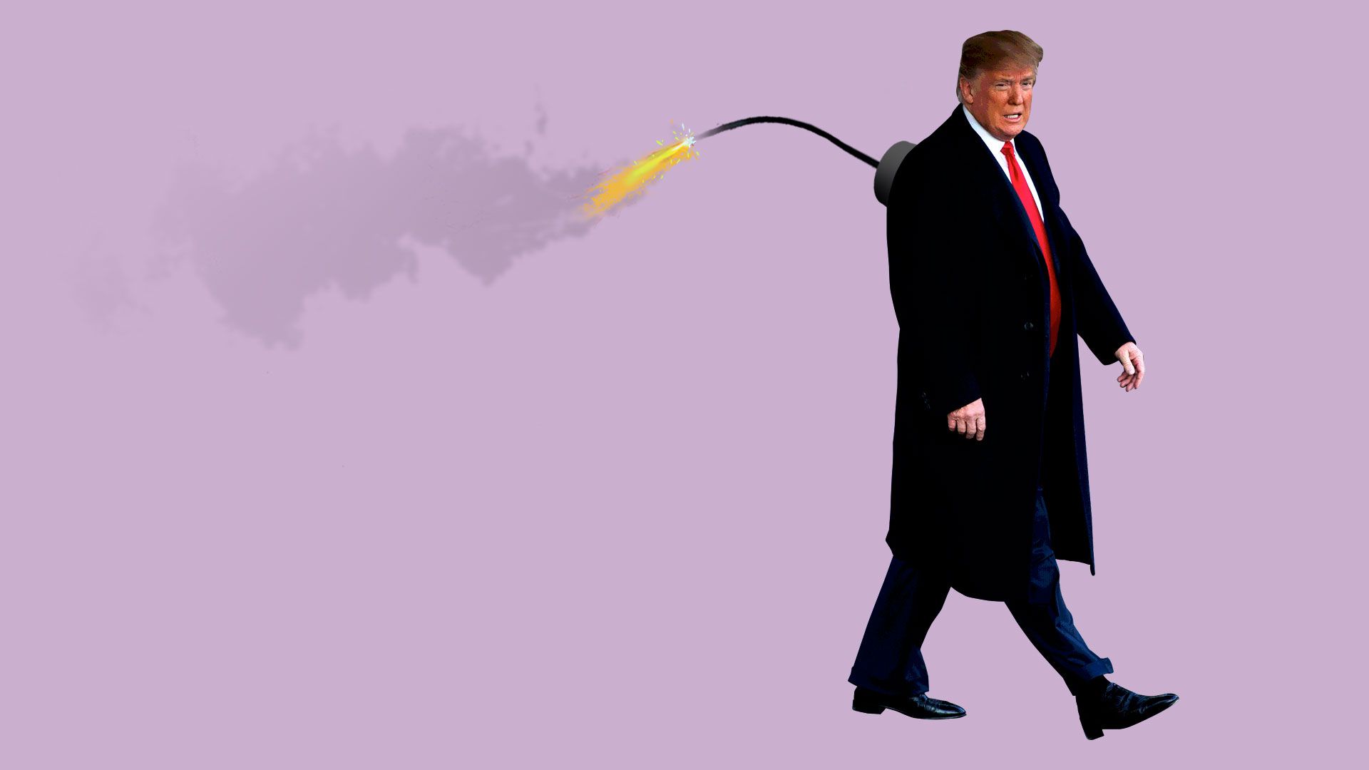 Illustration of Donald Trump with a lit fuse sticking out of his back.
