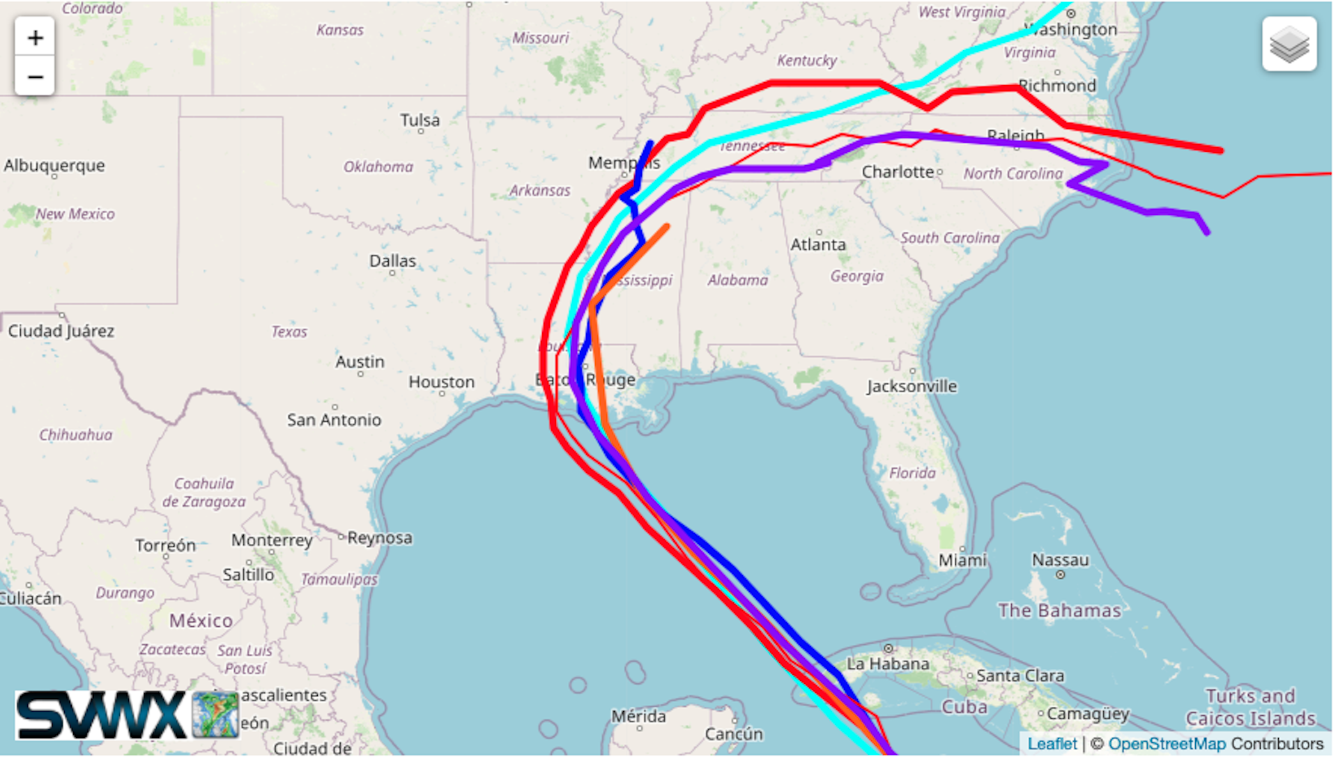 Computer model storm track projections, showing lines directed at coastal Louisiana.
