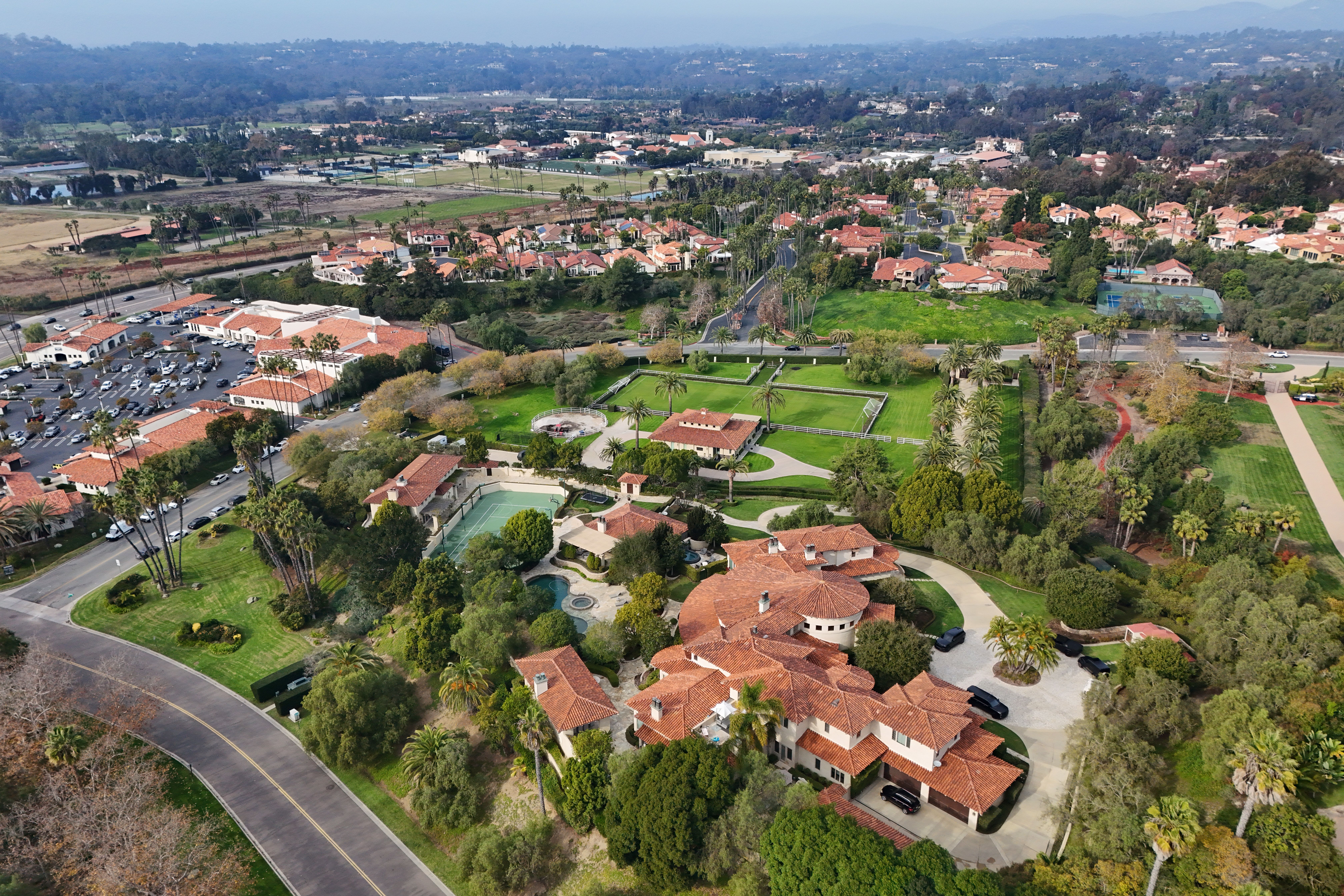 In an aerial view, this Fairbanks Ranch estate owned by New York Giants quarterback Russell Wilson and his wife singer Ciara was recently listed for sale for $54.9 million, shown here on December 13, 2025 in San Diego County, CA. If sold at the asking price, the nine-acre compound would set a record