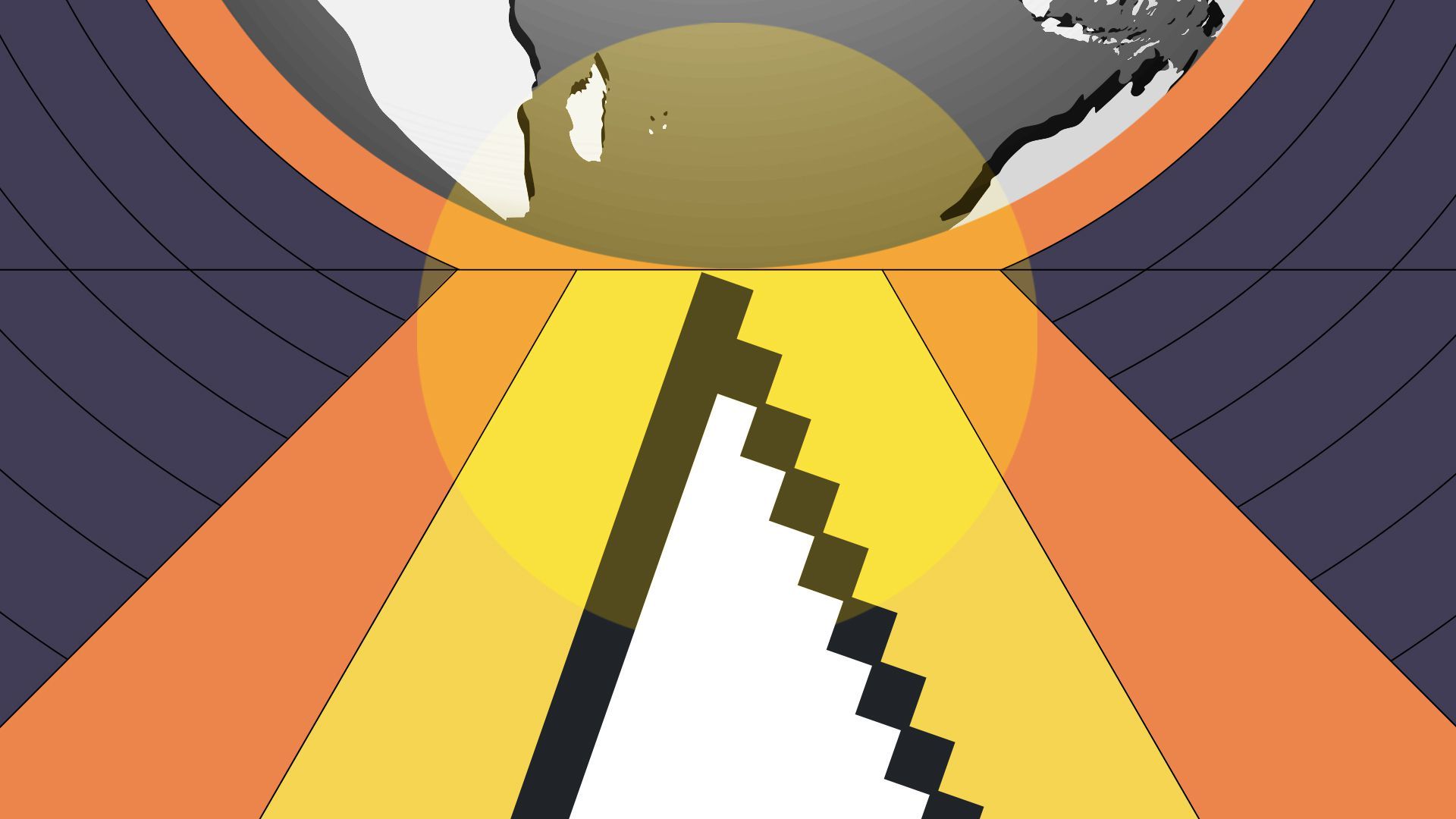 Illustration of a large cursor arrow pointing upwards towards an image of the Earth, and surrounded by graphic shapes and lines