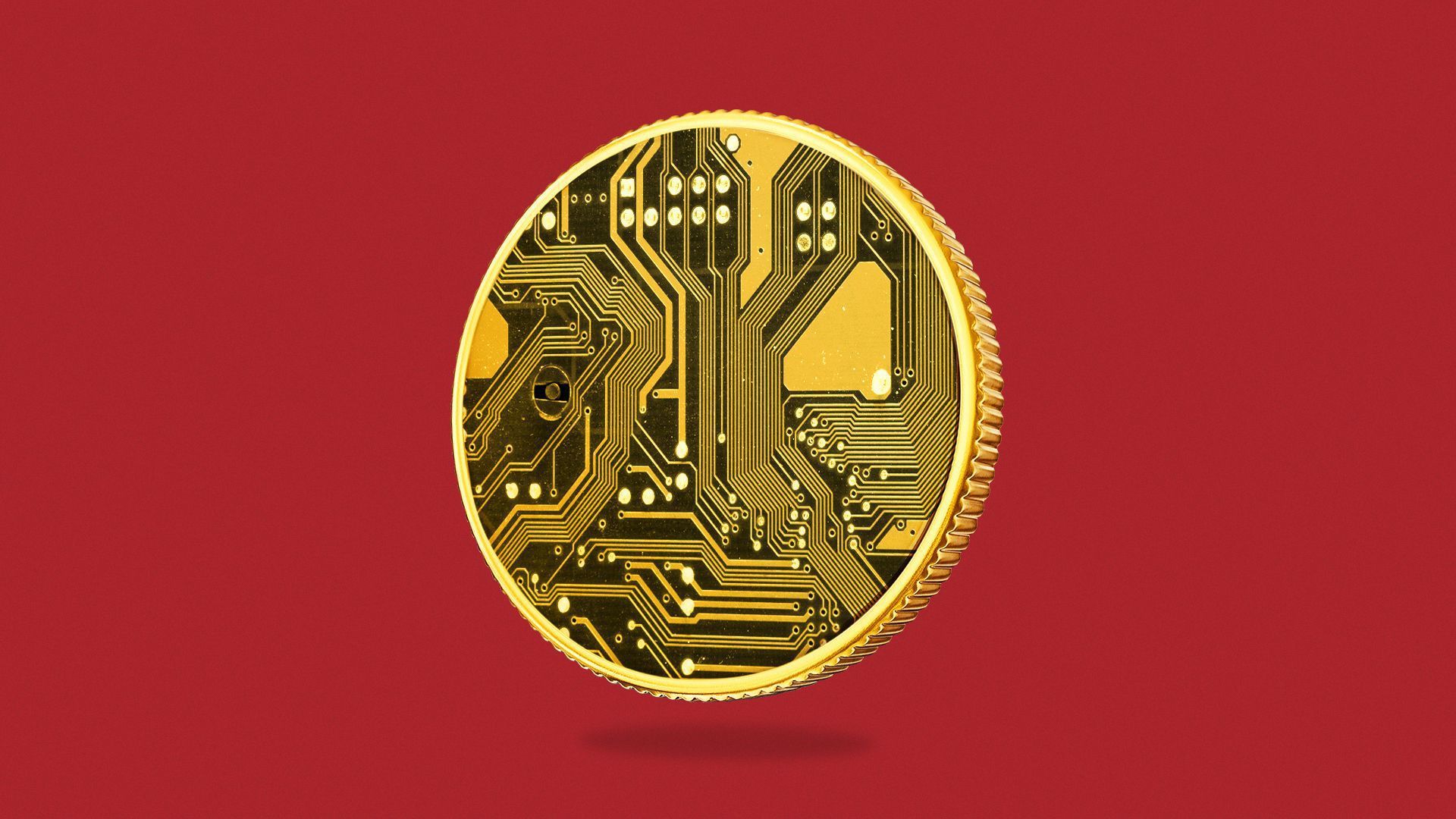 Image of a digital coin on a red background.