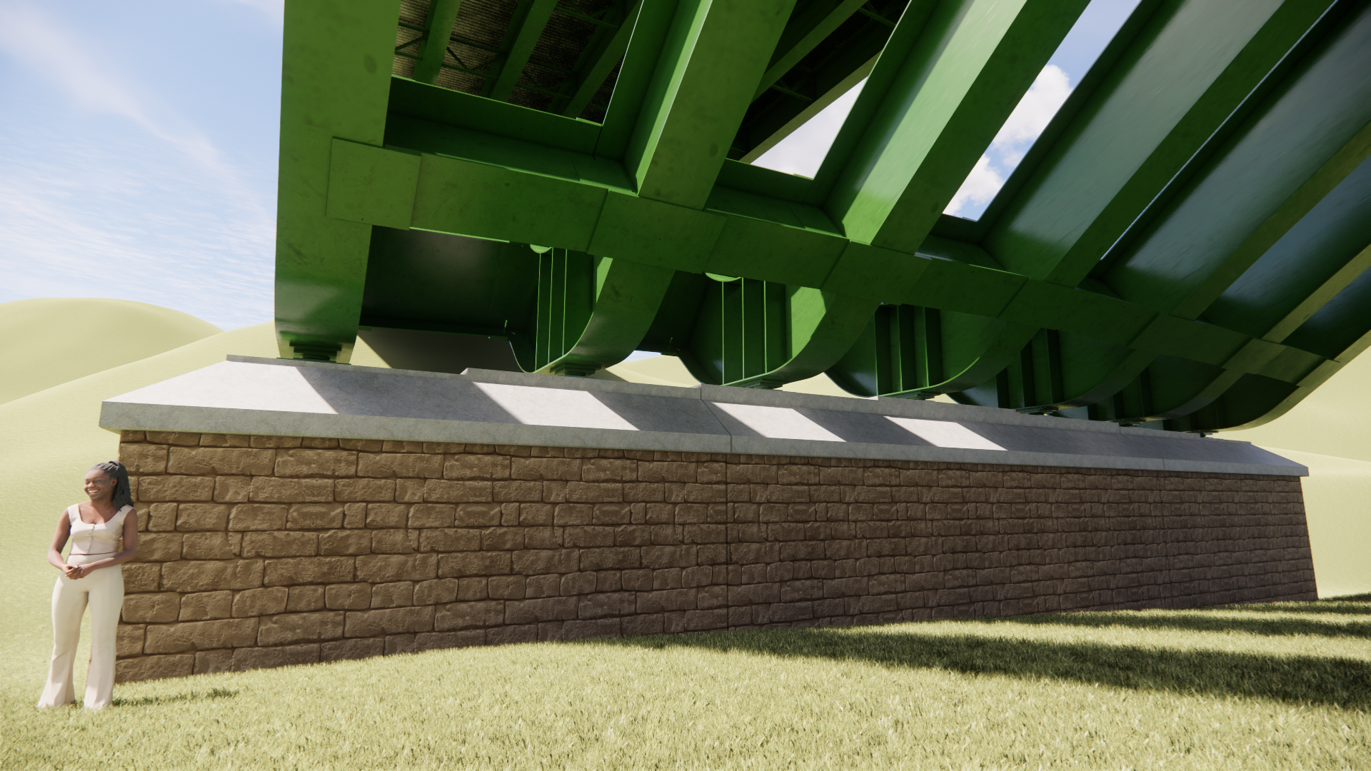 Woman in white outfit standing near a brown brick and concrete bridge foundation with green steel beams overhead under a partly cloudy sky.