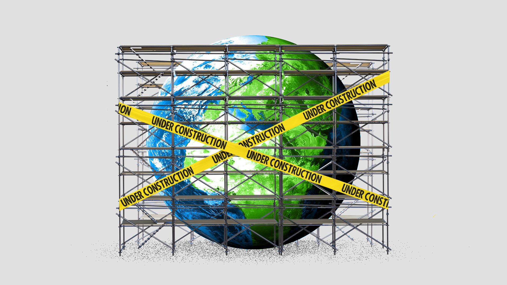 Illustration of a globe surrounded by scaffolding with under construction tape stretched across the scaffolding.