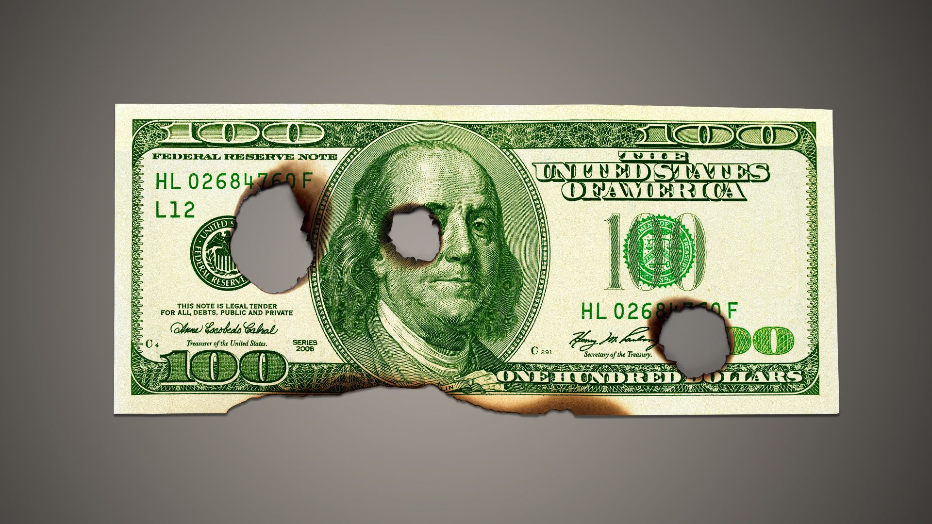 Illustration of a hundred dollar bill with burn holes and scorch marks.