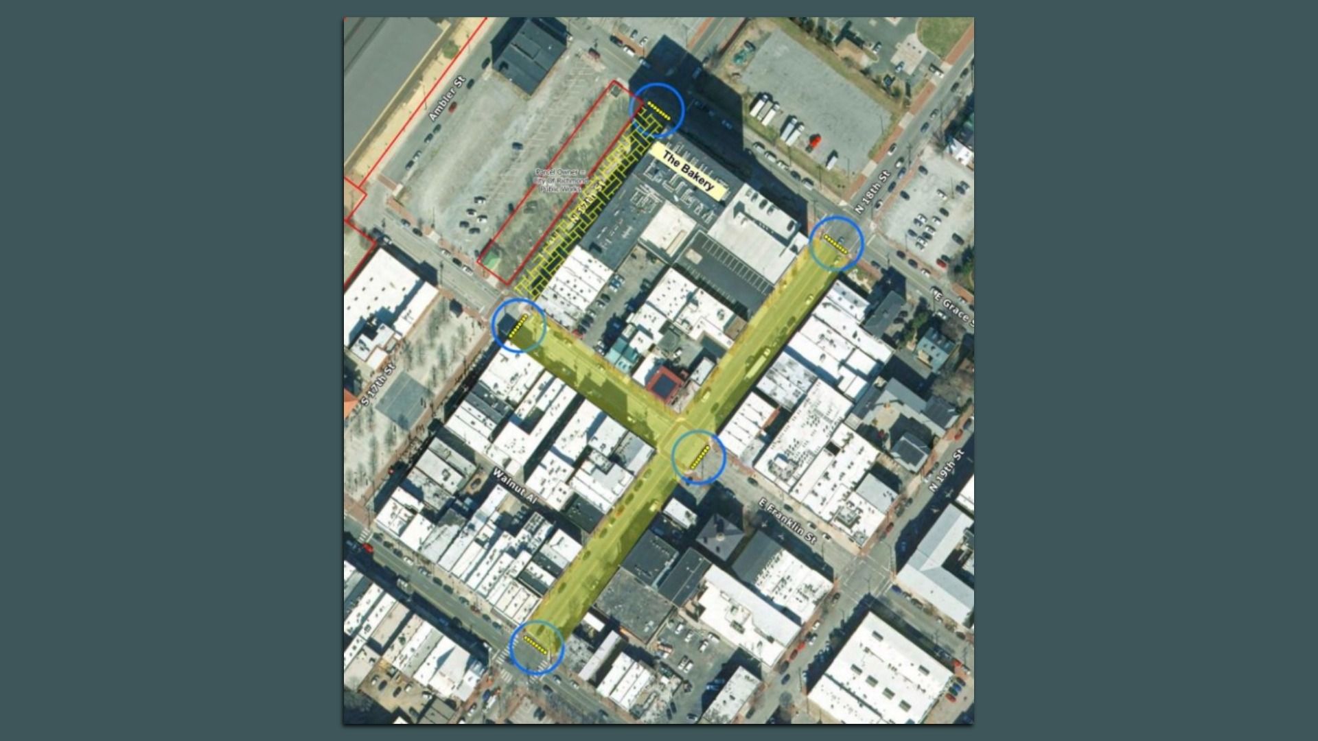 Aerial map of a city block with overlays: red boundary on the left, a yellow diagonal route through the blocks, blue circular markers at several intersections, and a building labeled "The Bakery" near the center.