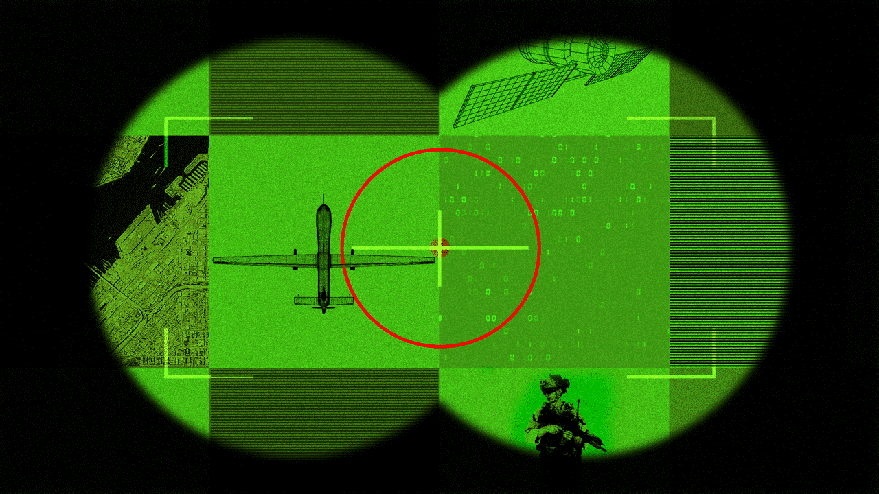 Animated illustration of a viewpoint through military night vision binoculars which shows a grid of several different moving images: a satellite view of a city, a rotating view of a drone, binary code flickering, a soldier with a weapon, and a satellite.