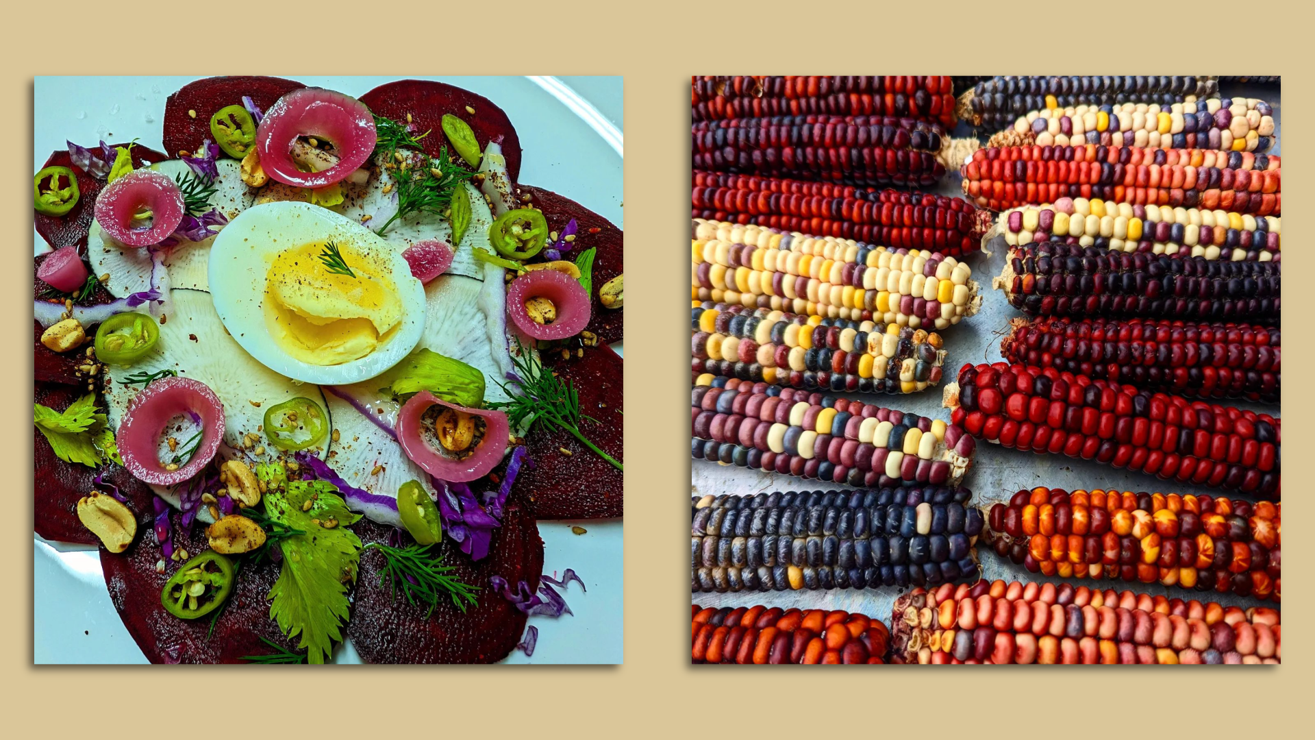Side by side photos of a brightly colored beet salad topped with a hard boiled egg and multi colored corn