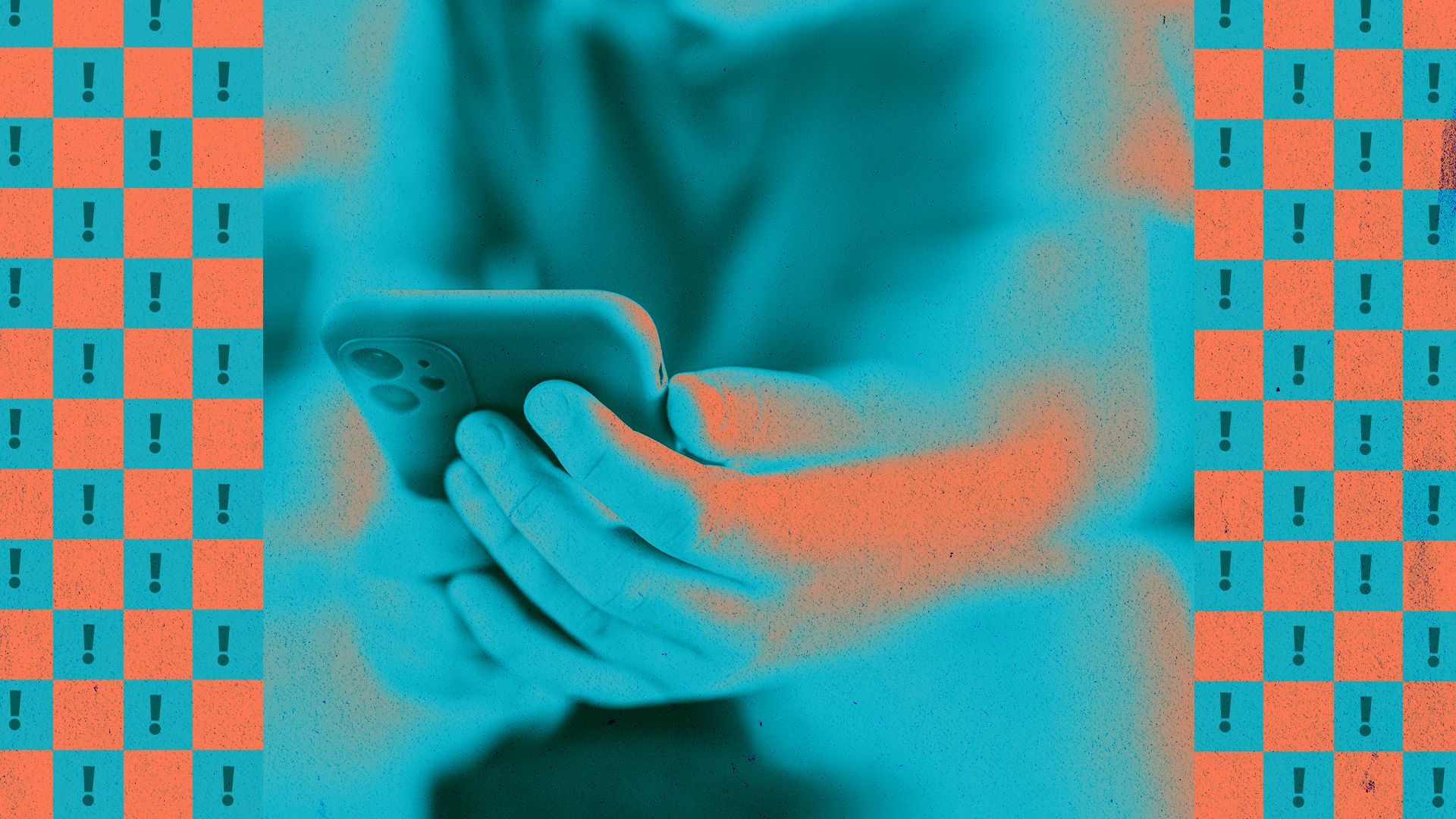 Illustration of a child's hands holding a smart phone surrounded by graphic checker shapes and exclamation points.