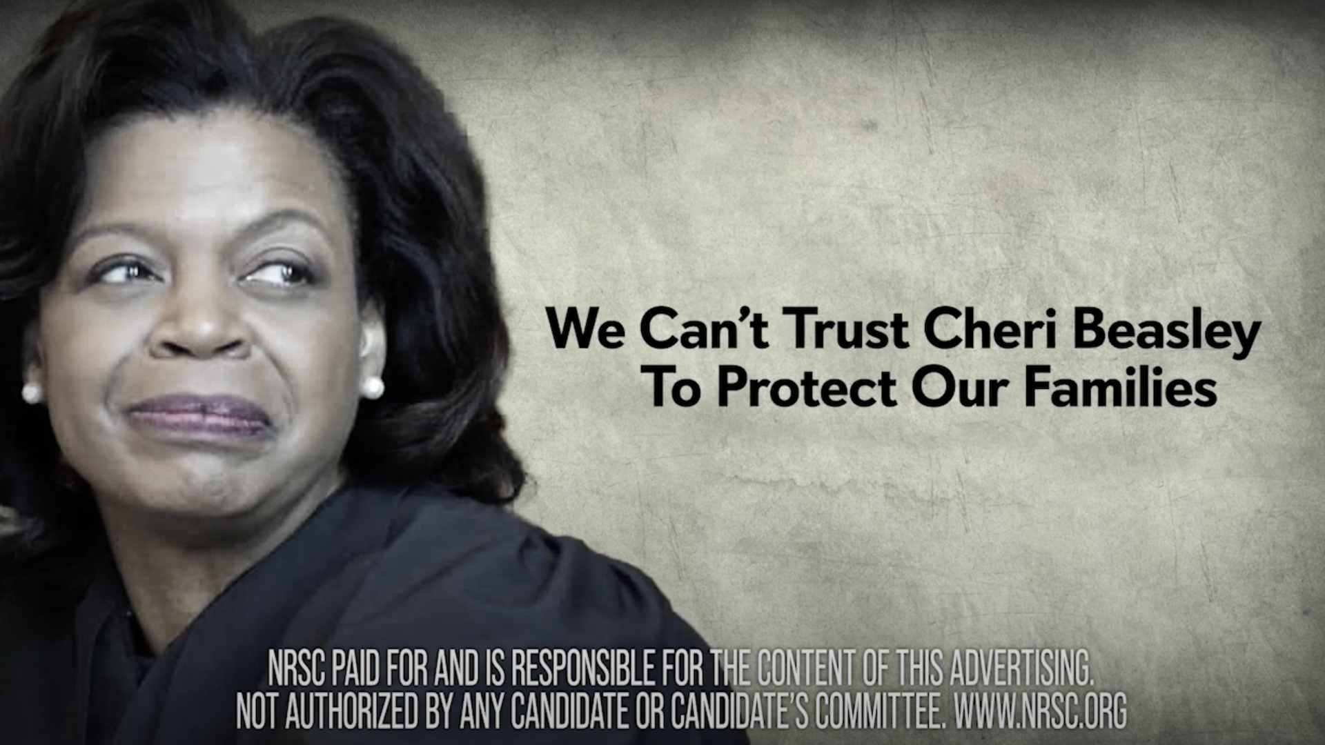 Screenshot of an attack ad against Democratic U.S. Senate candidate Cheri Beasley.