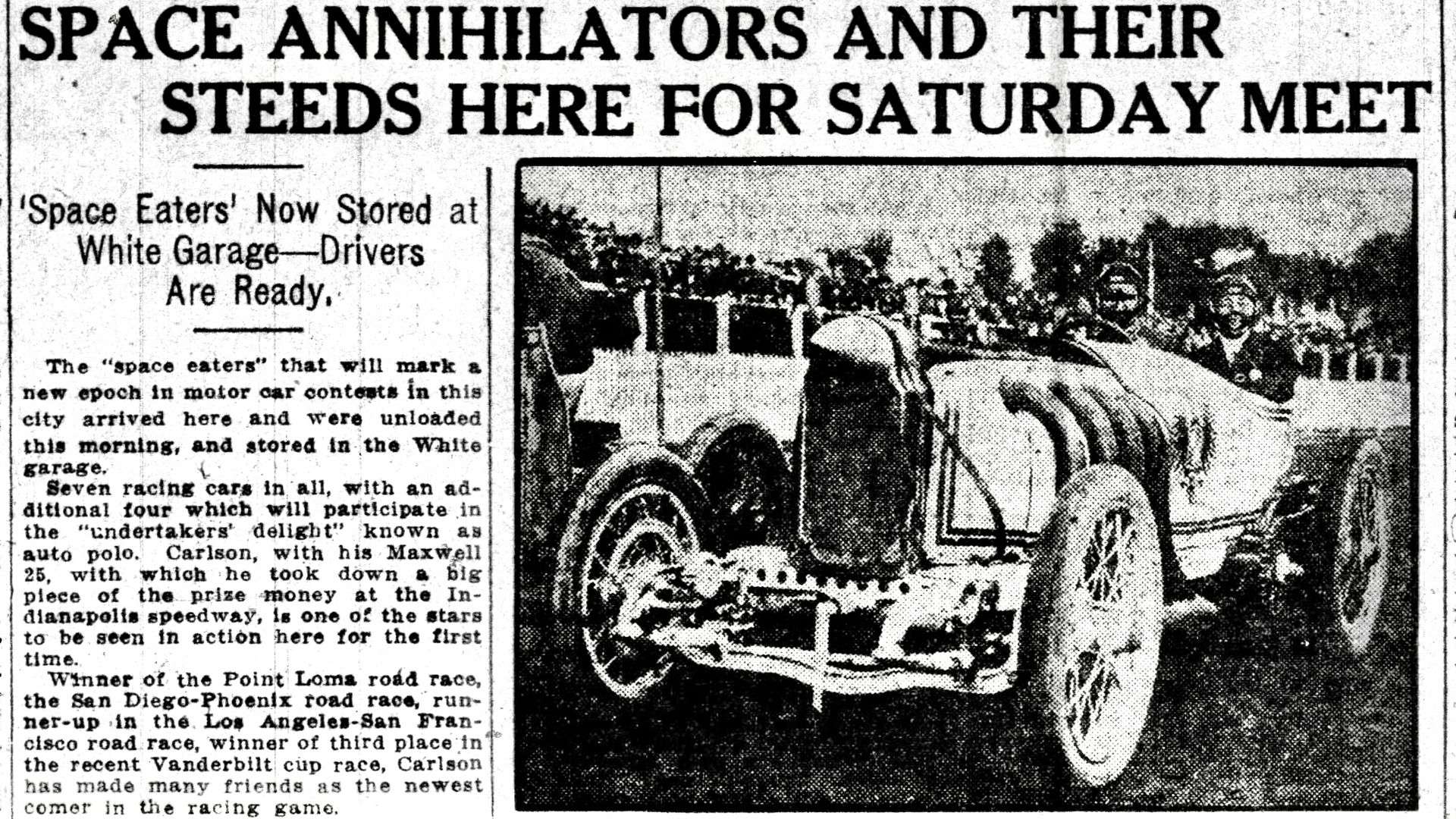 An old newspaper article titled "Space annihilators and their steeds here for Saturday meet" with a photo of a 1914 race car.