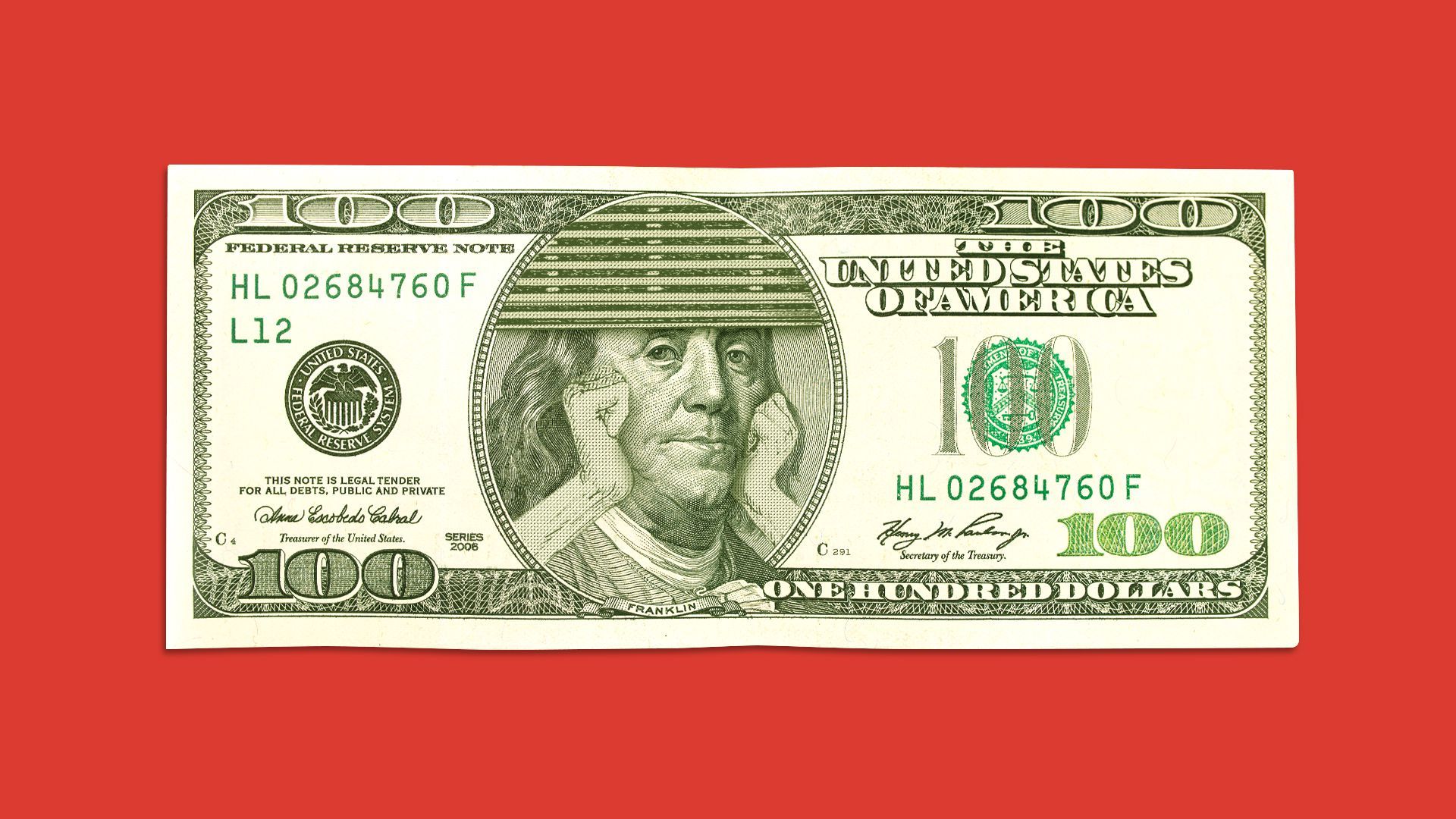 Illustration of a hundred dollar bill showing Benjamin Franklin with his head in his hands, the frame around his head has blinds as if he is looking out of a window, bored.