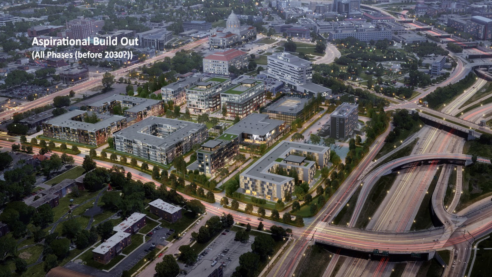 An architectural rendering showing roughly 10 buildings on the site of a closed Sears store in St. Paul near the capitol