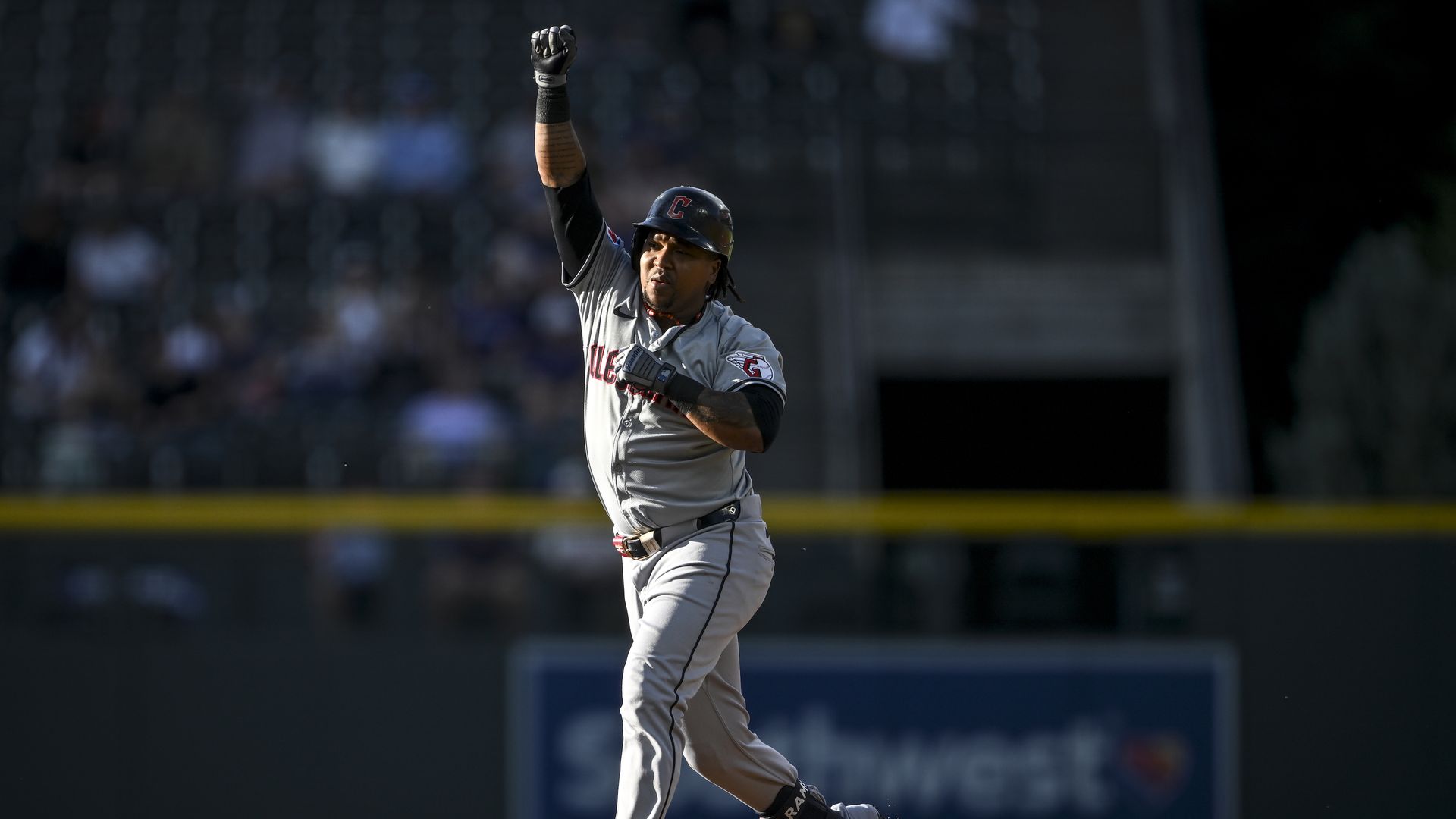 Jose Ramirez of the Cleveland Guardians celebrates after a home run.