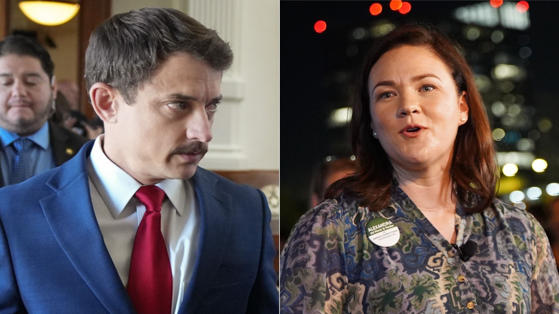 Side-by-side photos of state Rep. Briscoe Cain and Alexandra Mealer