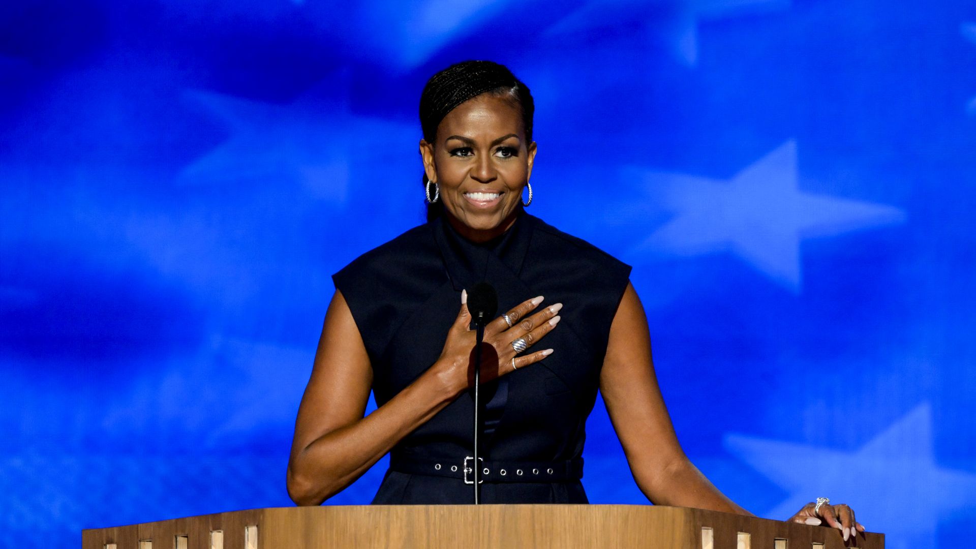 Former US First Lady Michelle Obama during the Democratic National Convention (DNC) at the United Center in Chicago, Illinois, US, on Tuesday, Aug. 20, 2024.