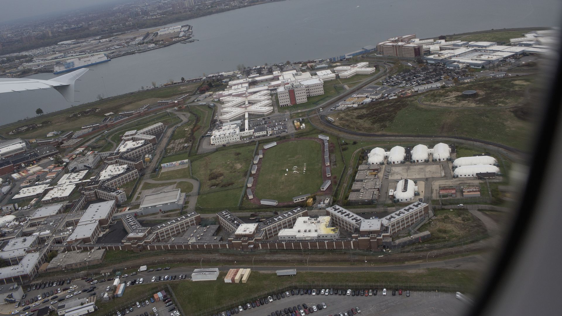 several of the jails on Rikers Island as seen from a departing domestic flight leaving nearby Laguardia Airport on November 7, 2019