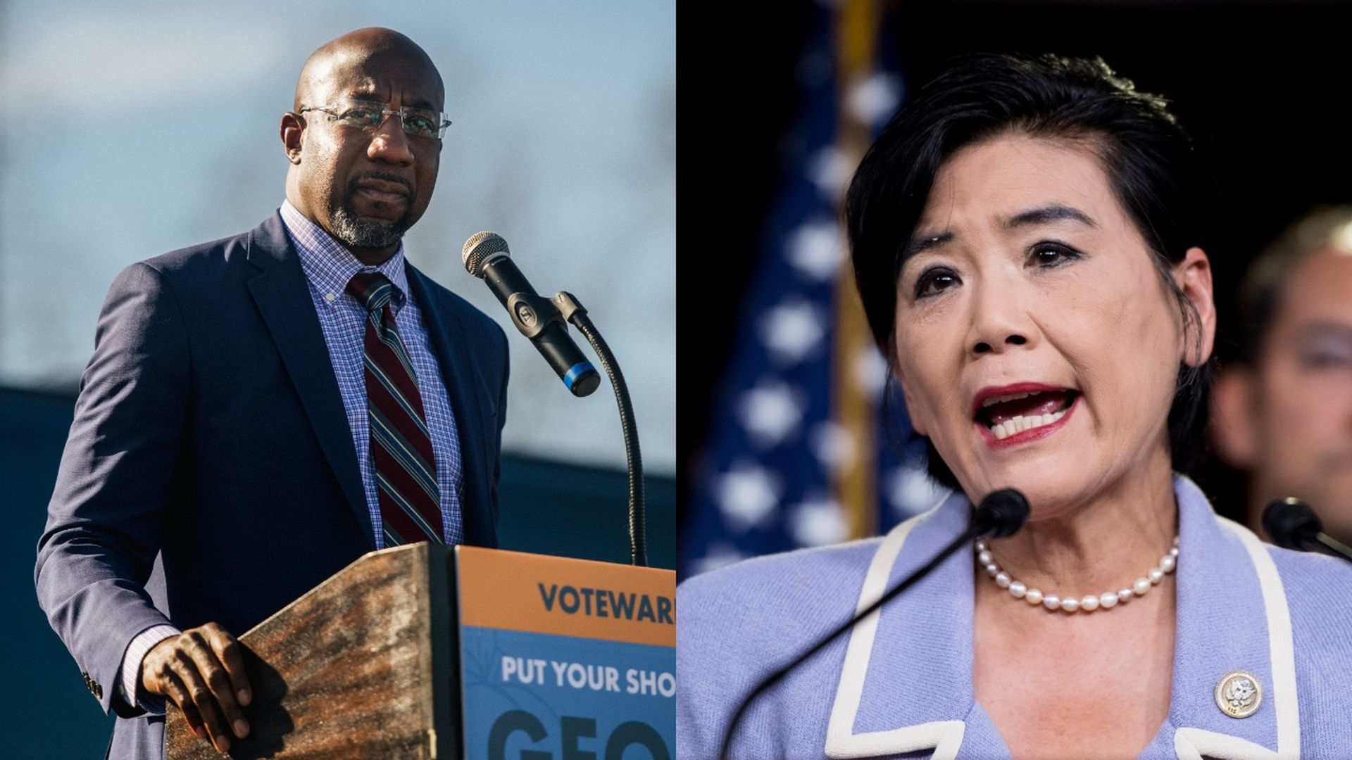 Photo of Raphael Warnock on the left and Judy Chu on the right