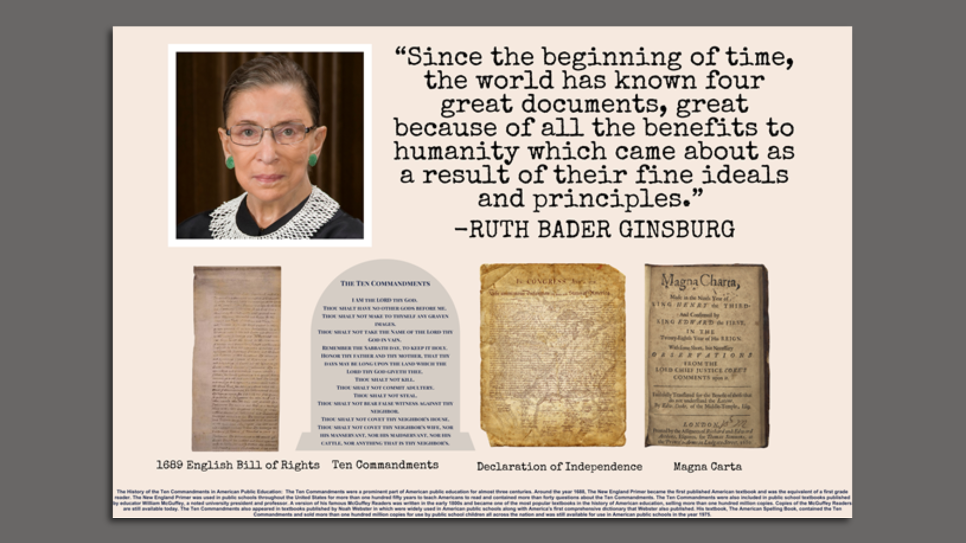 A Ruth Bader Ginsburg quote is seen above copies of four documents.