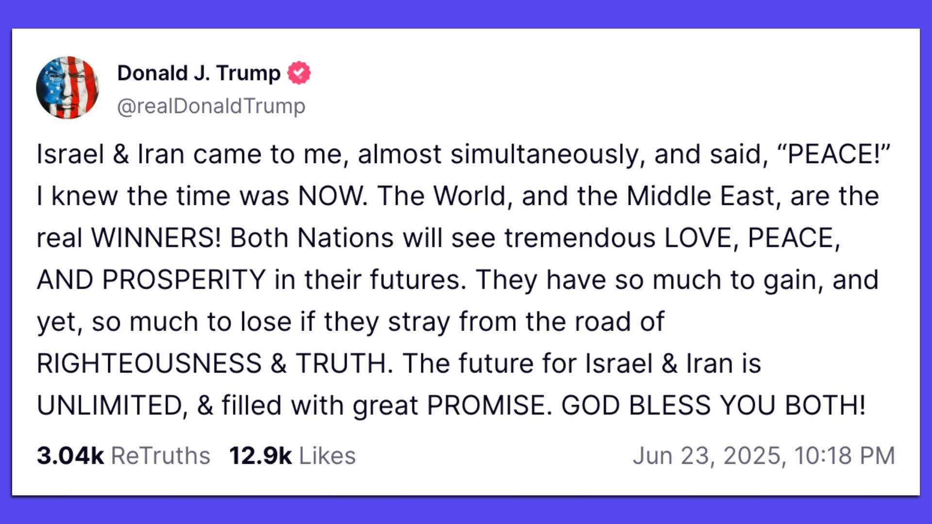 Trump post about Israel and Iran 