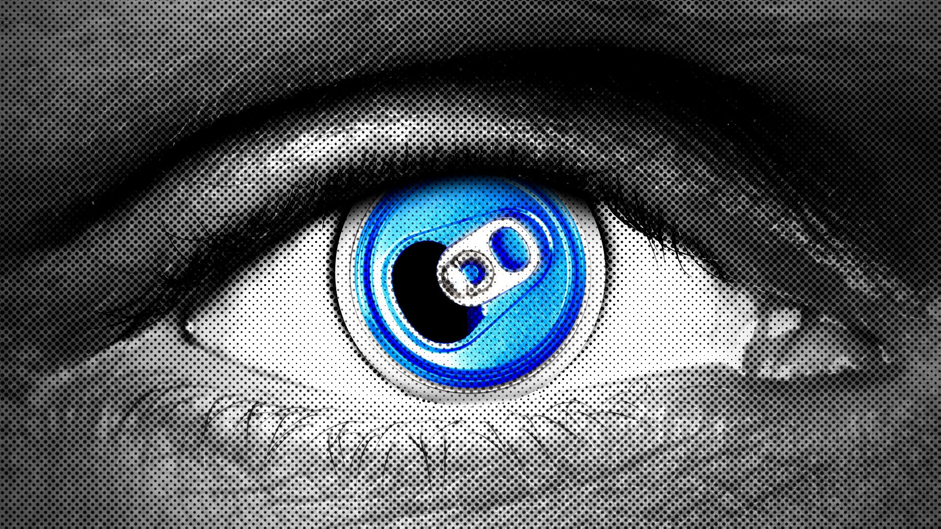 Illustration of an eye with the top of a can forming the iris and pupil.