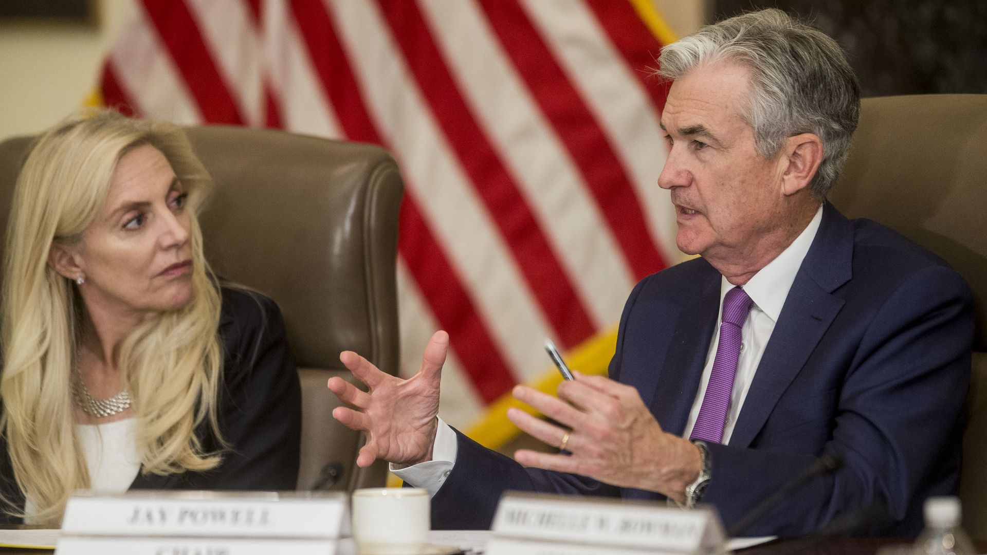 Fed Govenor Lael Brainerd is seen with Federal Reserve Chairman Jerome Powell.