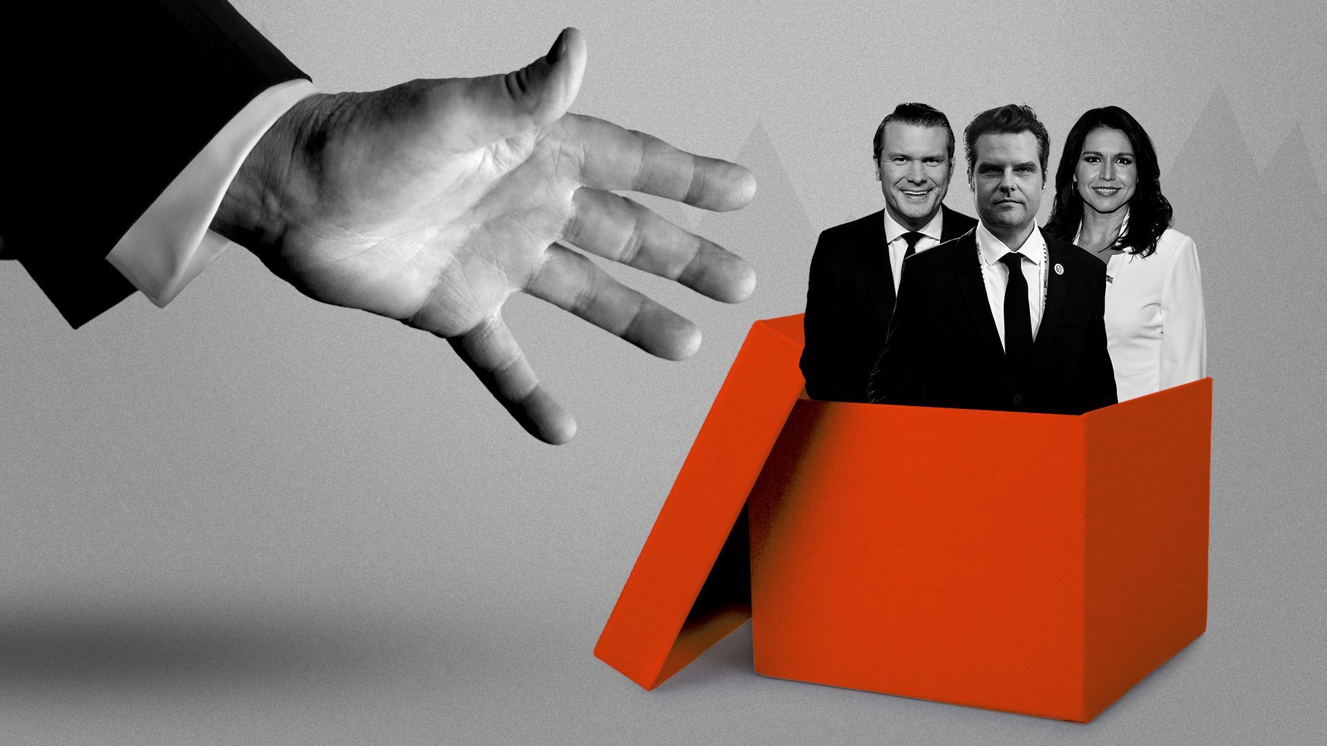 Photo illustration of Donald Trump's hand reaching out to grab Pete Hegseth, Matt Gaetz, and Tulsi Gabbard out of a box. 
