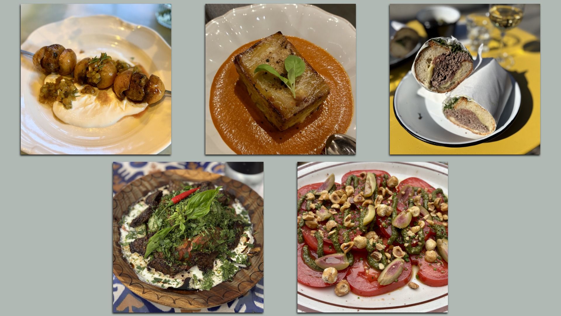 Five gourmet dishes including skewered mushrooms on cream, a rectangular layered dish with orange sauce, a wrapped sandwich with beef, a herb-covered dish on wooden plate, and a tomato and nut salad.