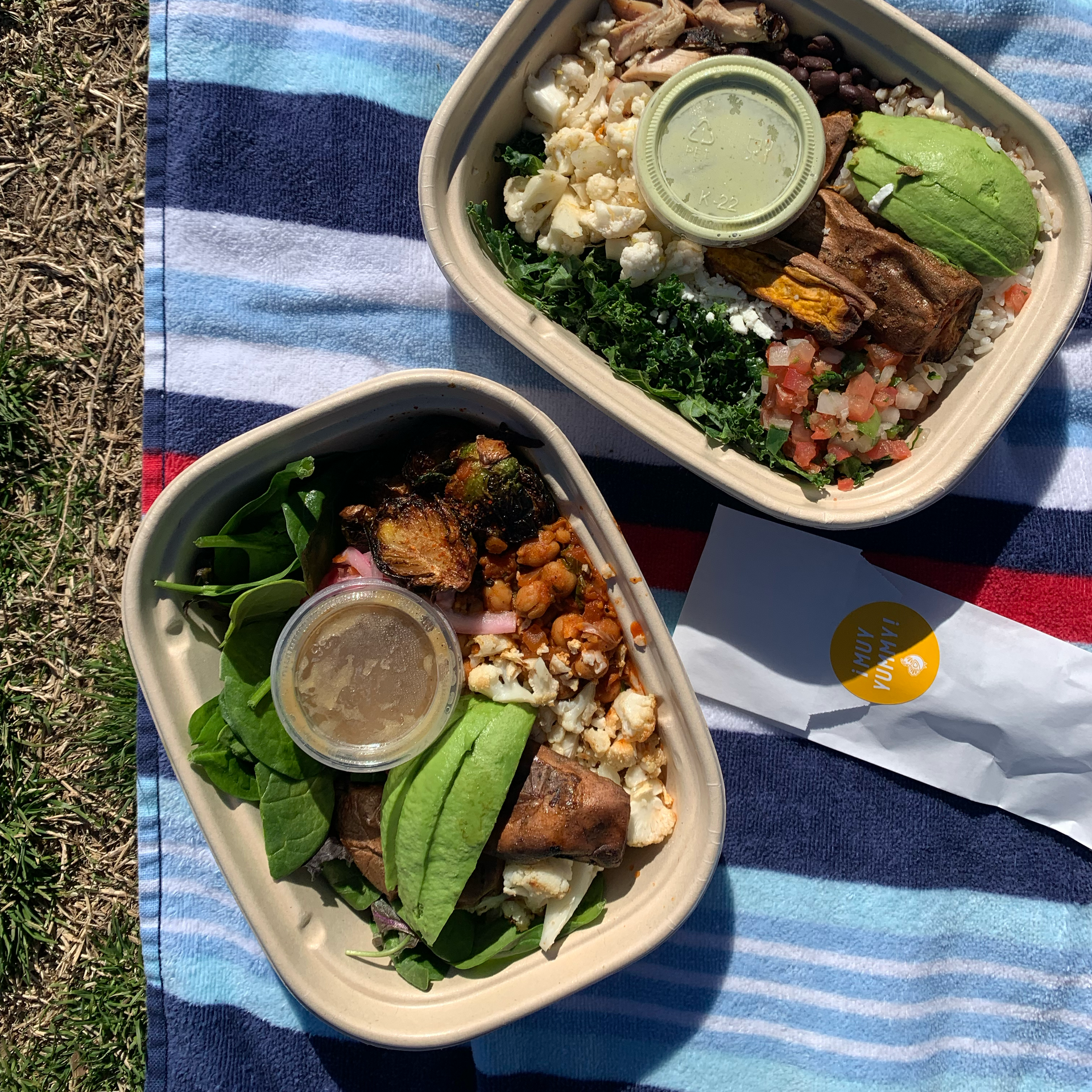 Two to-go containers on a picnic blanket
