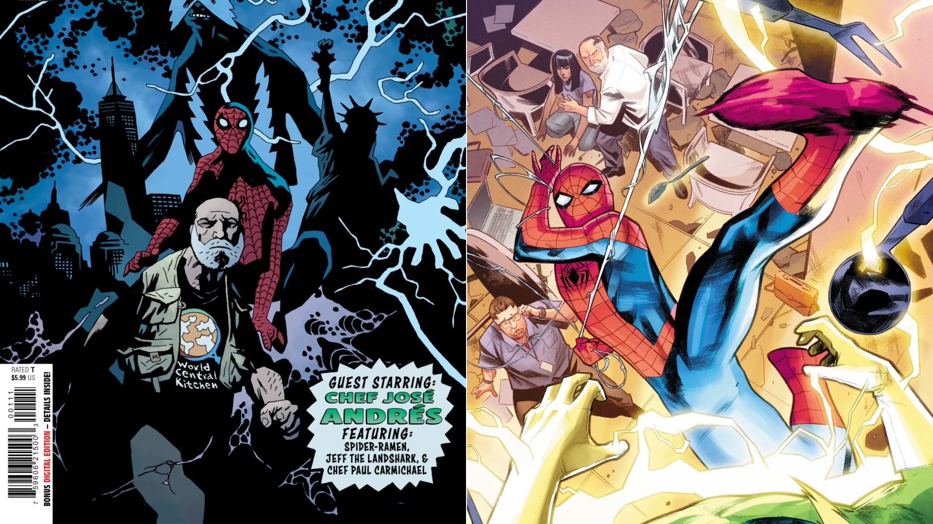Comic book cover split in two; left shows Spider-Man with Chef José Andrés in dark cityscape, right shows Spider-Man swinging in action with three people and electric sparks around.