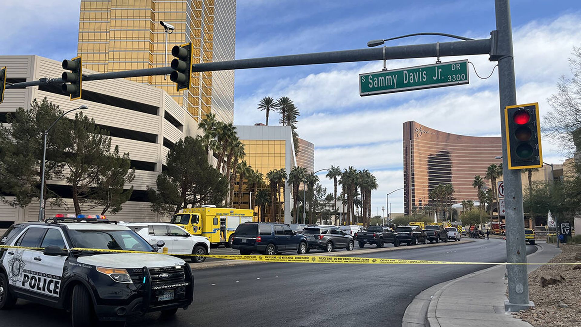 Police enforce road closures at Desert Inn Road and Sammy Davis Jr. Drive after a vehicle fire and explosion Wednesday, Jan. 1, 2025, in front of the entrance to Trump Inrternational Hotel in Las Vegas. (Noble Brigham/Las Vegas Review-Journal/Tribune News Service via Getty Images)