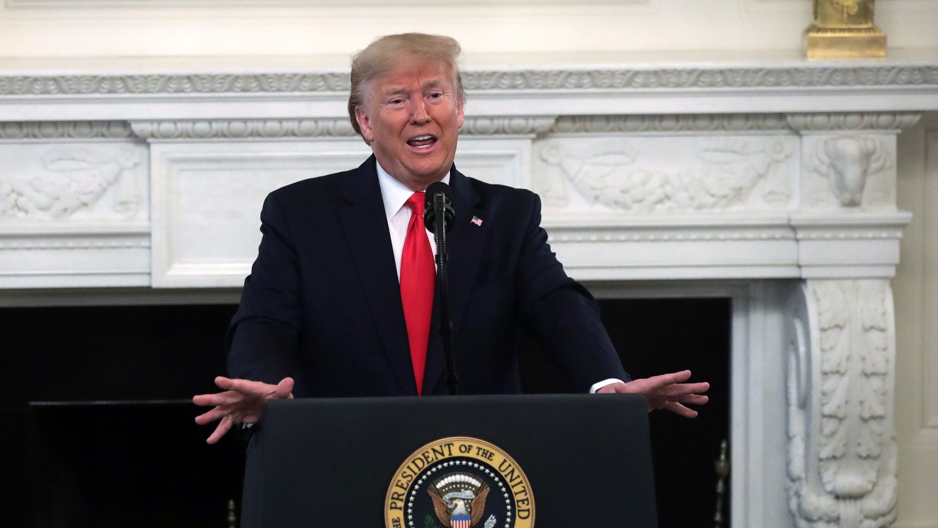  President Donald Trump speaks during a “White House Business Session with Our Nation’s Governors” event in the State Dining Room at the White House February 10, 2020 in Washington, DC. 