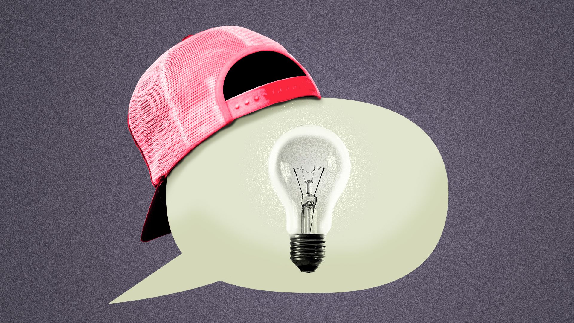 Illustration of a word balloon with a light bulb in it, wearing a backward baseball cap.