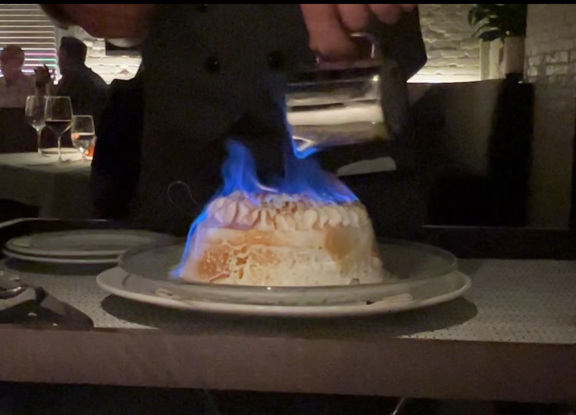 A dessert set ablaze.