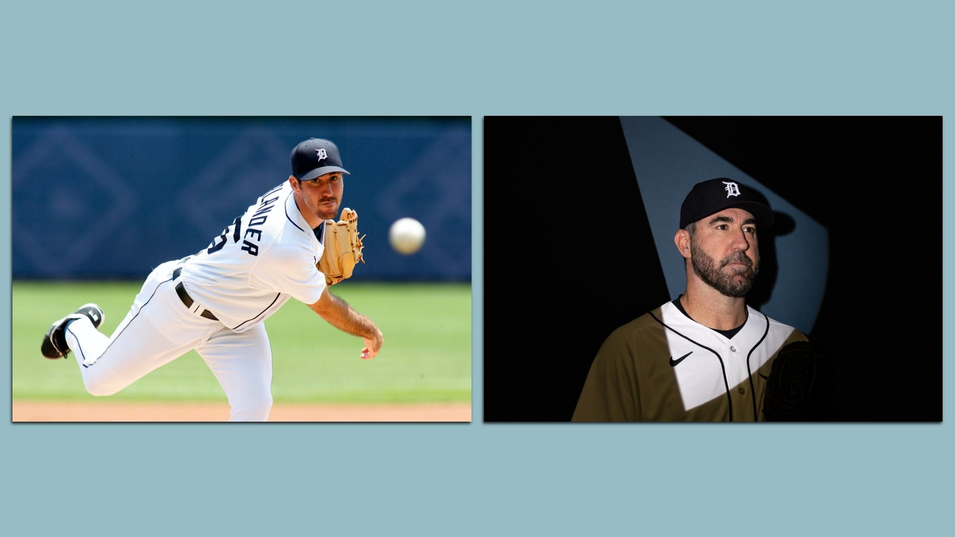 Side-by-side photos of Justin Verlander pitching a ball in 2006, and being photographed in a shadow during a 2026 media day.