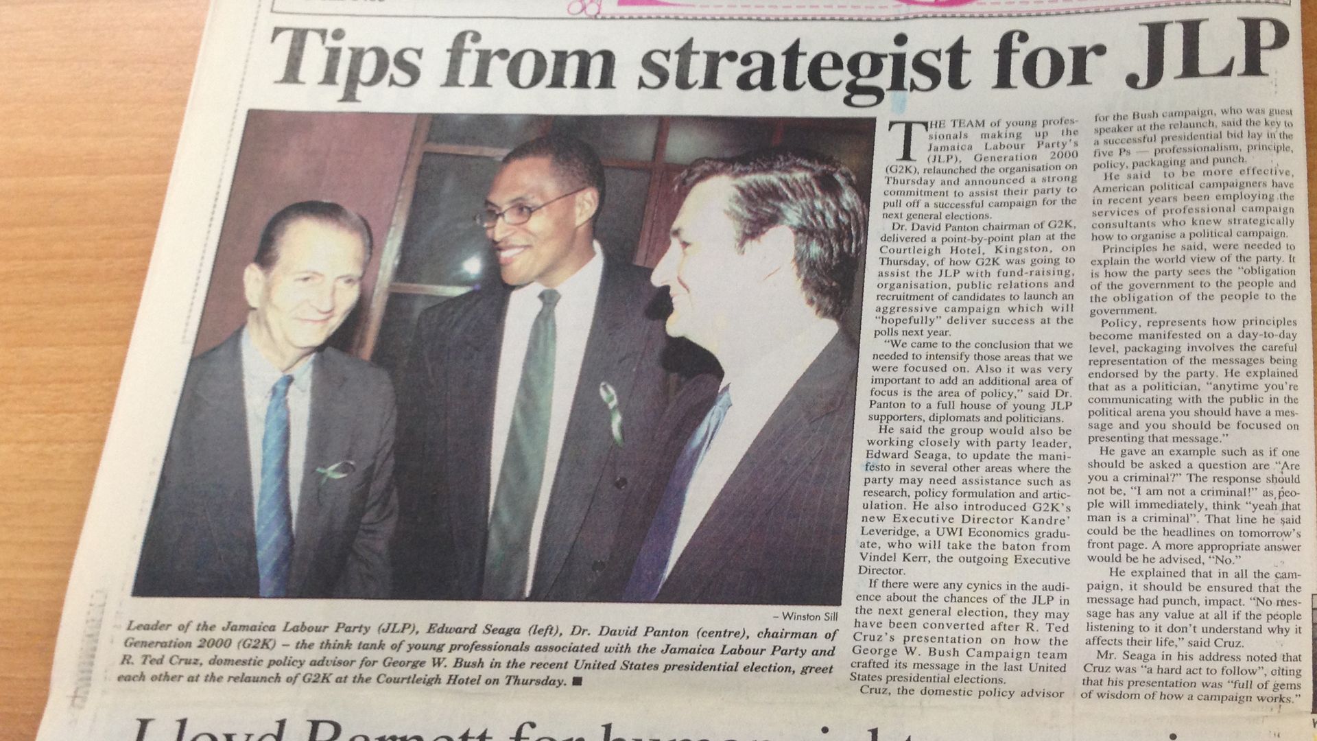 Sen. Ted Cruz is seen with his college roommate David Panton on the front page of a newspaper during a 2001 visit to Jamaica.