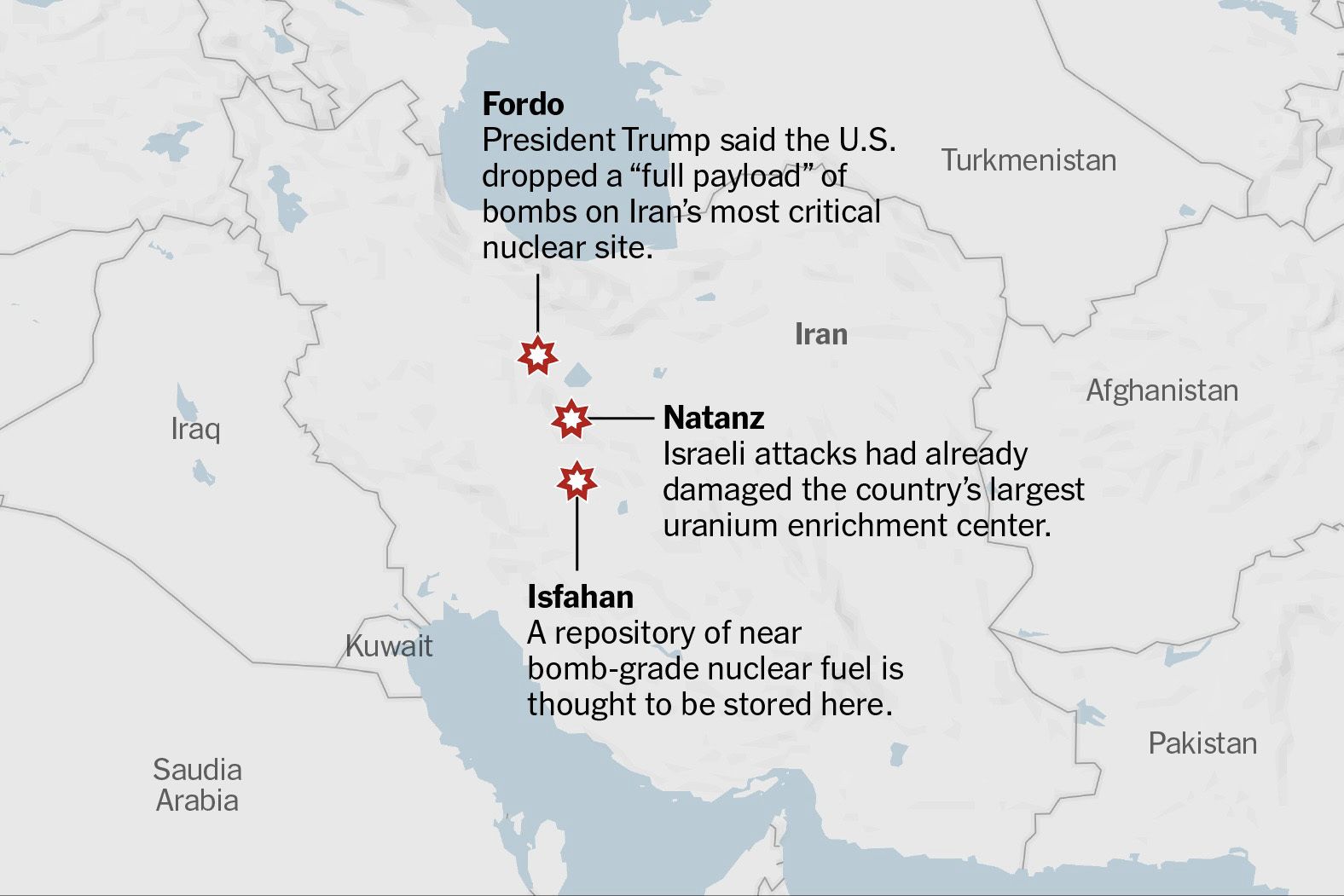 Map showing the Iranian sites the U.S. struck