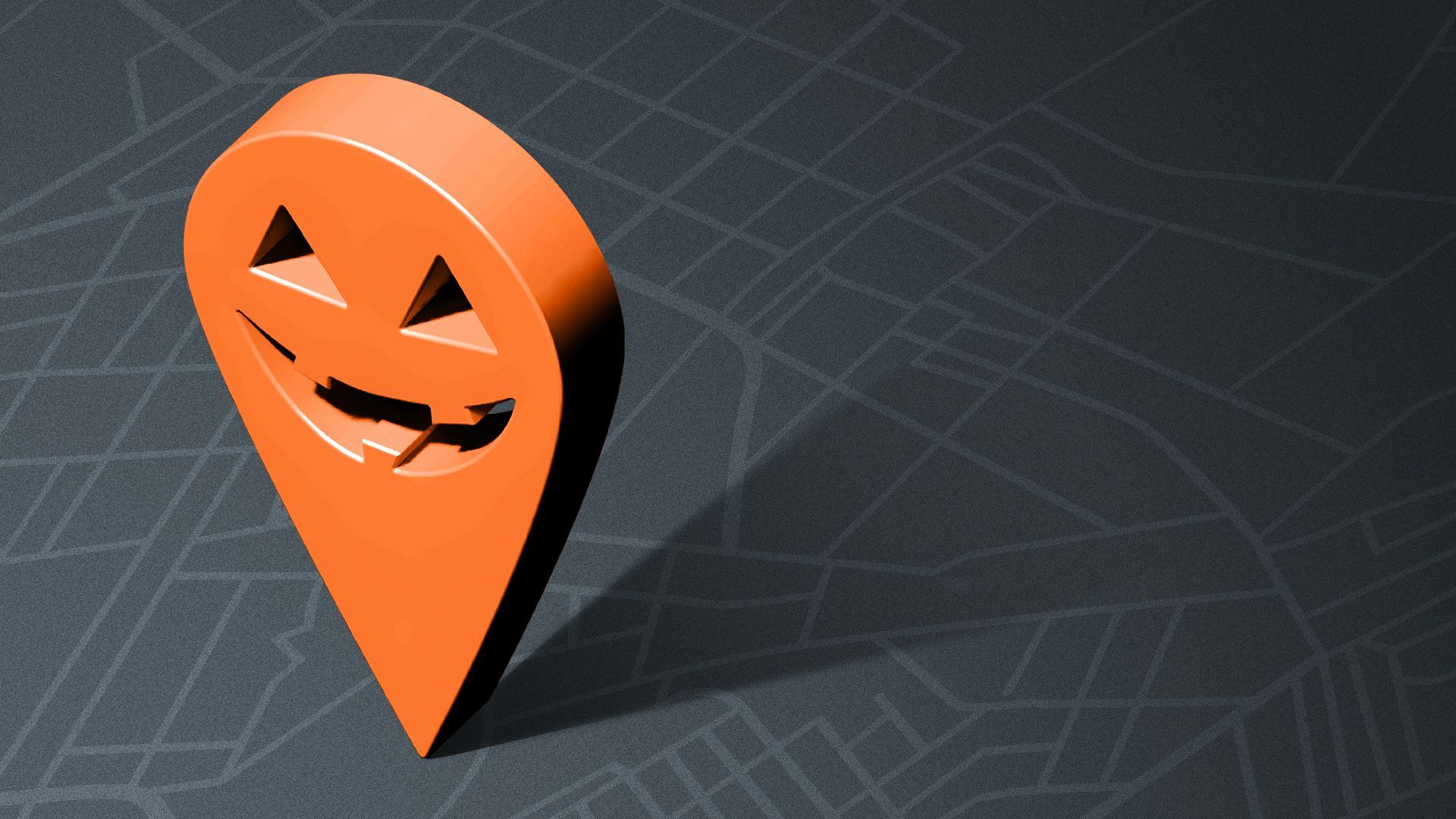 Illustration of an orange location pin with a jack-o-lantern face on a dark map.