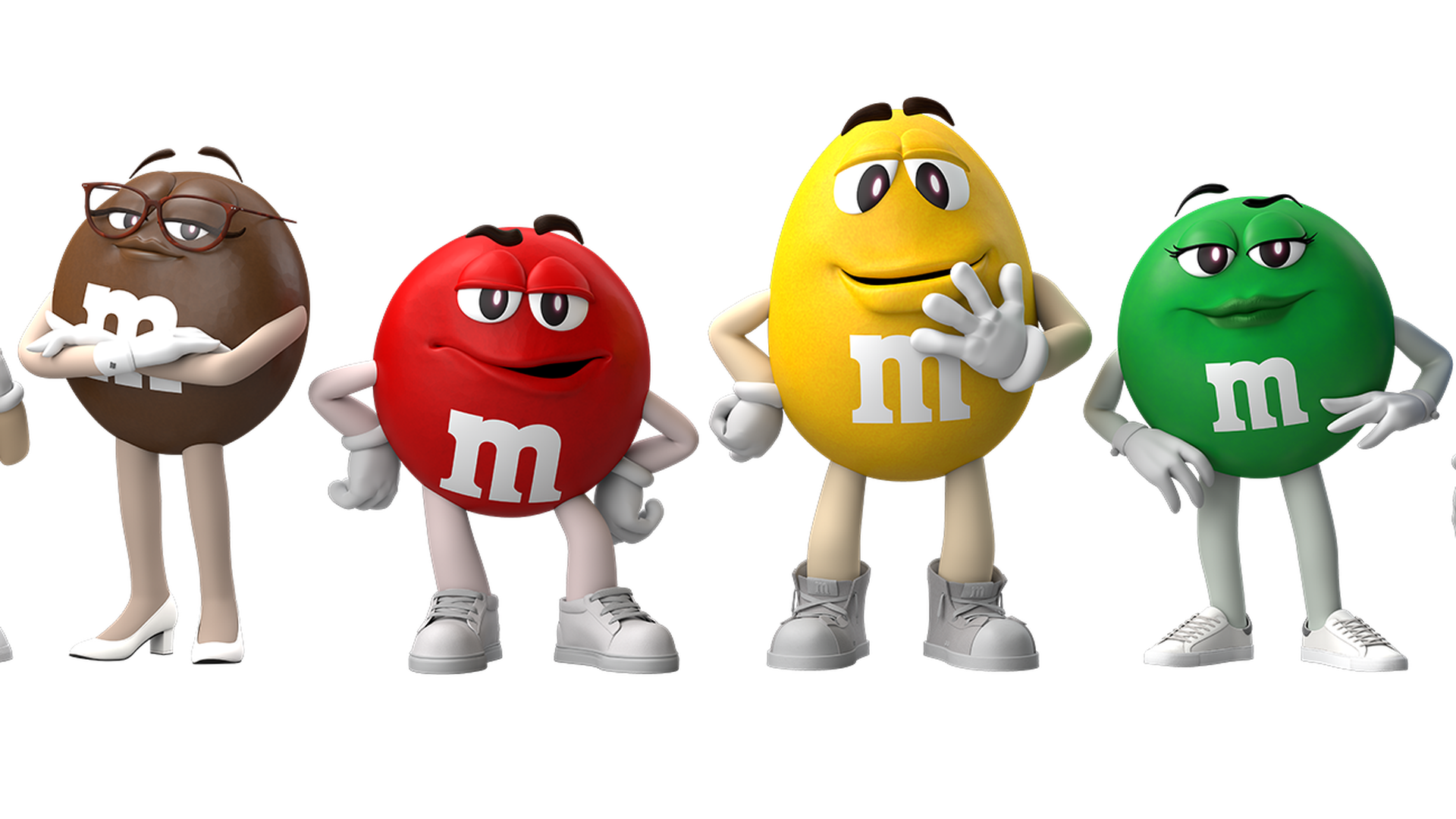 Animated M&M characters with white shoes stand side by side.