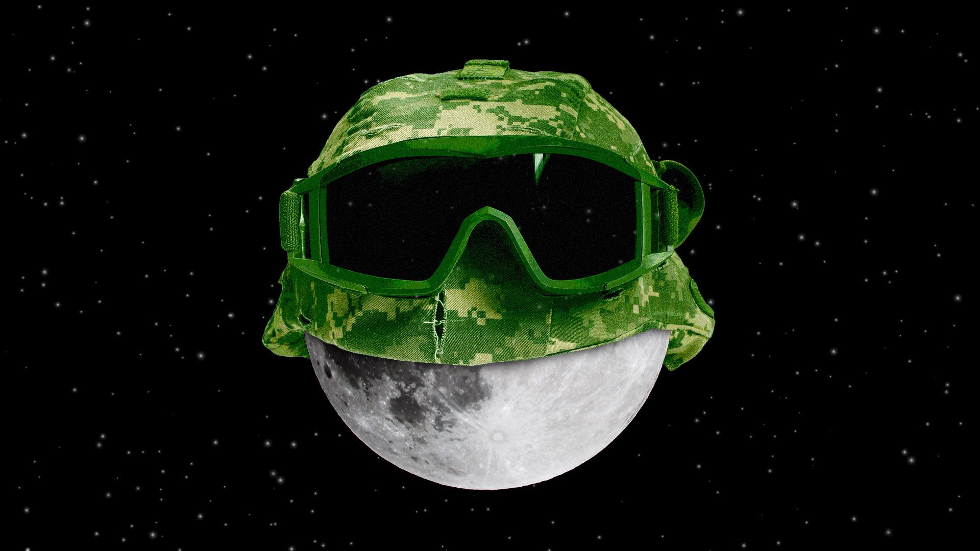 Moon with military goggles and a helmet.