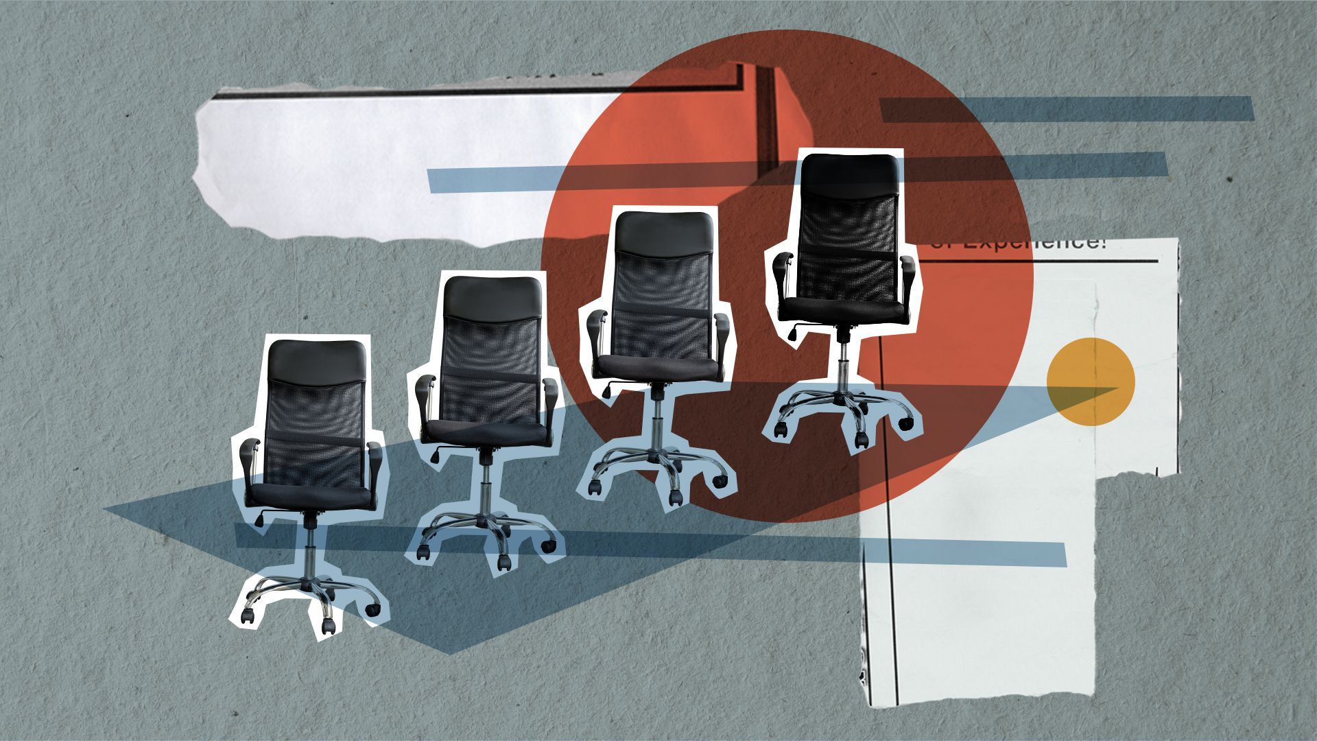 Illustration of office chairs, ripped paper and colorful shapes.