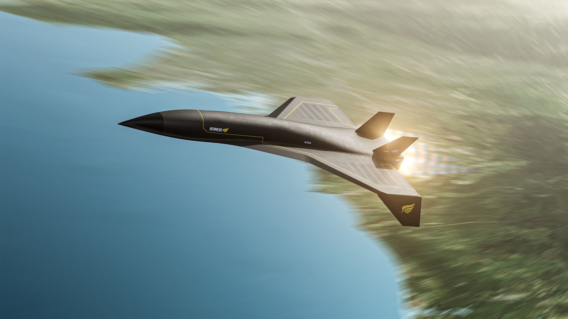 A rendering of a windowless sleek black hypersonic plane flying away from California and over the Pacific Ocean
