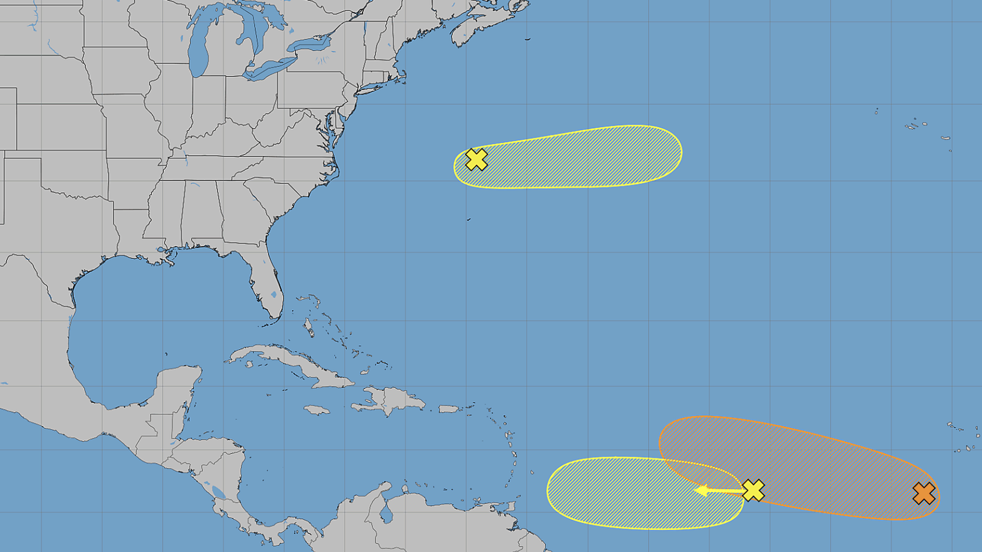 Atlantic Ocean map showing three tropical disturbances: a yellow-hatched oval with a yellow X in the central Atlantic and a larger orange-hatched oval farther south; label reads All Disturbances.