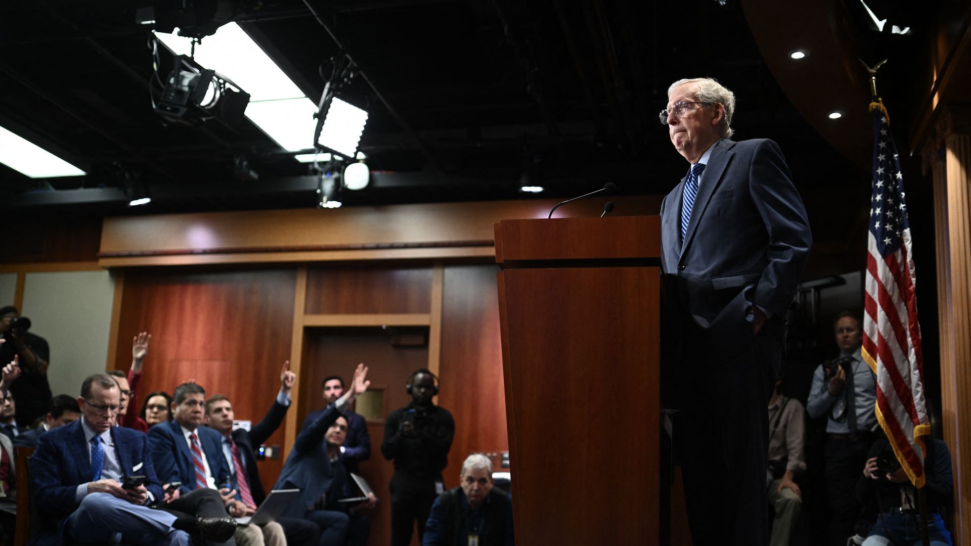 Senate Minority Leader Mitch McConnell, Republican of Kentucky, speaks during a news conference ahead of a vote on a foreign aid package 