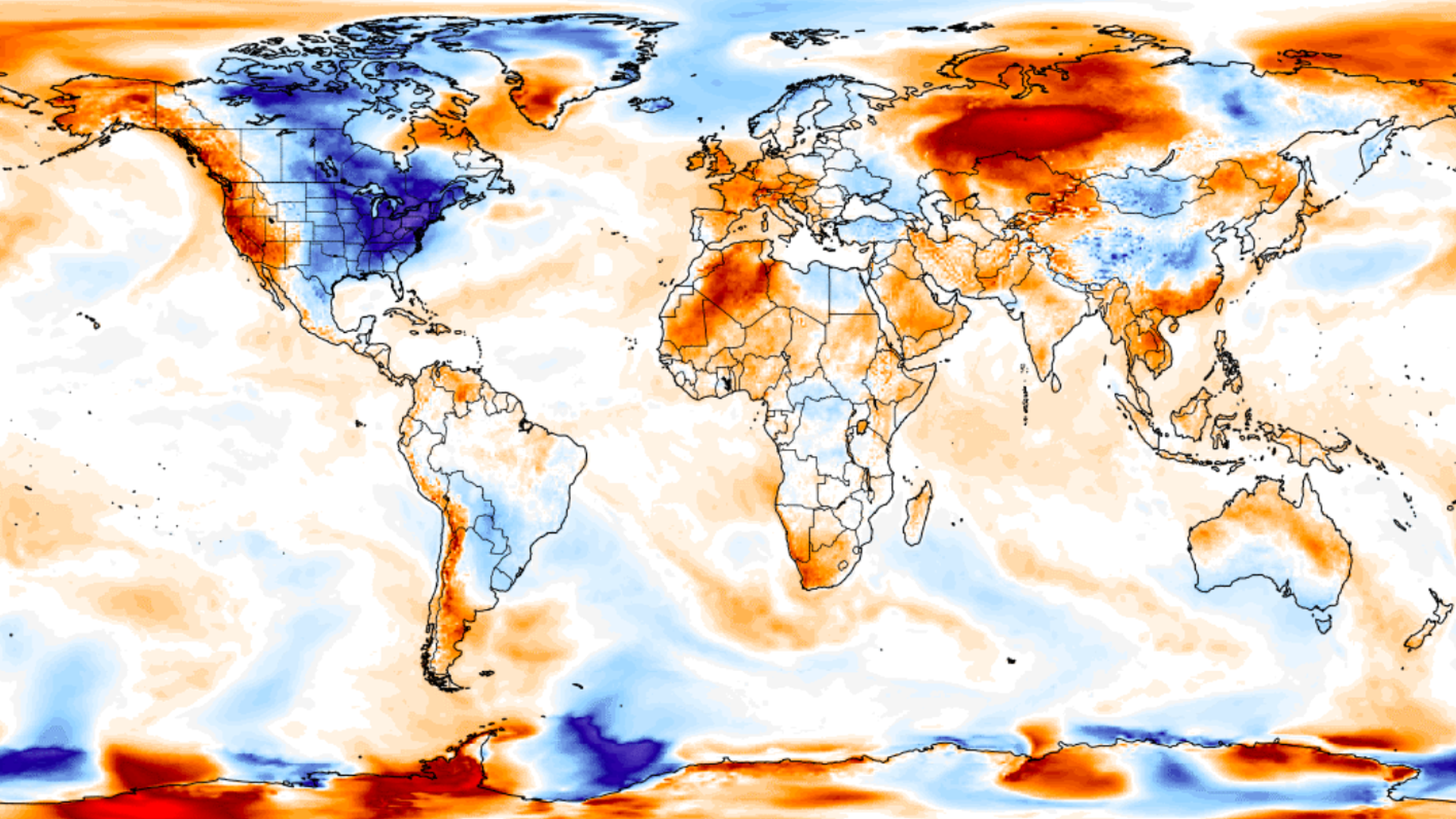 This image shows a heat map of the world, with the eastern U.S. as the coldest part