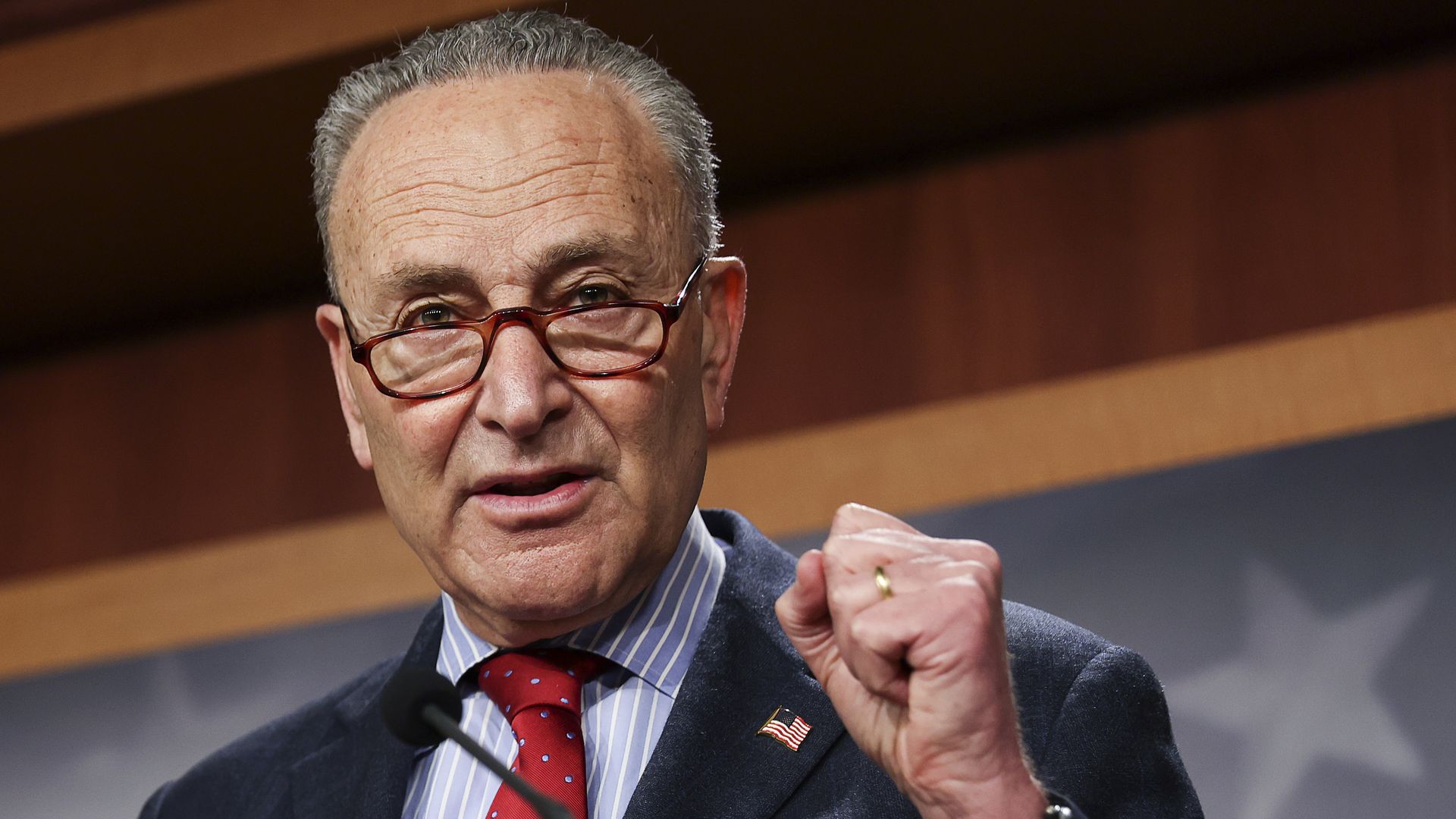 Senate Majority Leader Chuck Schumer speaking during a press conference in March 2021.