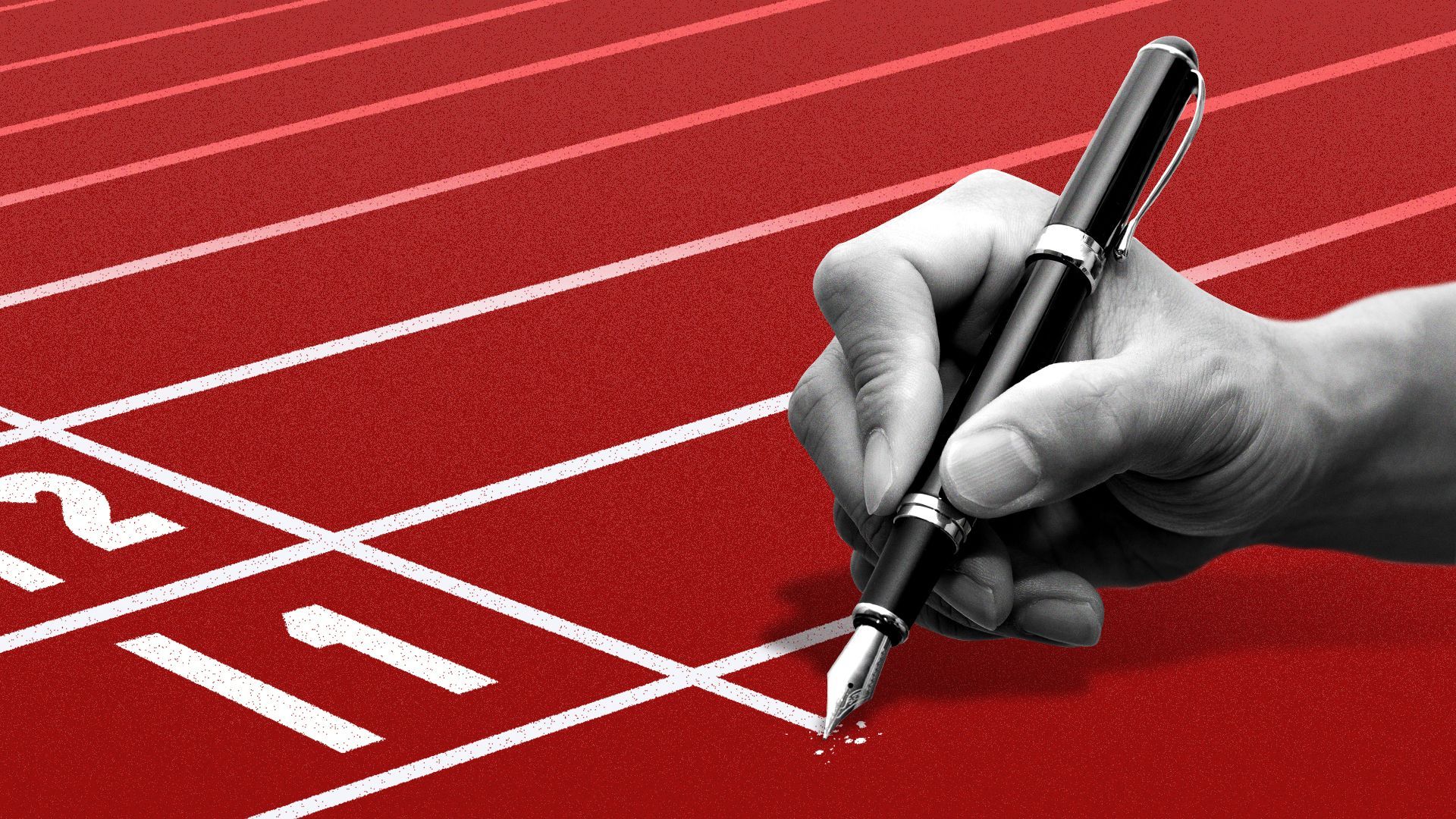 Illustration of a hand drawing a finish line with a fountain pen.
